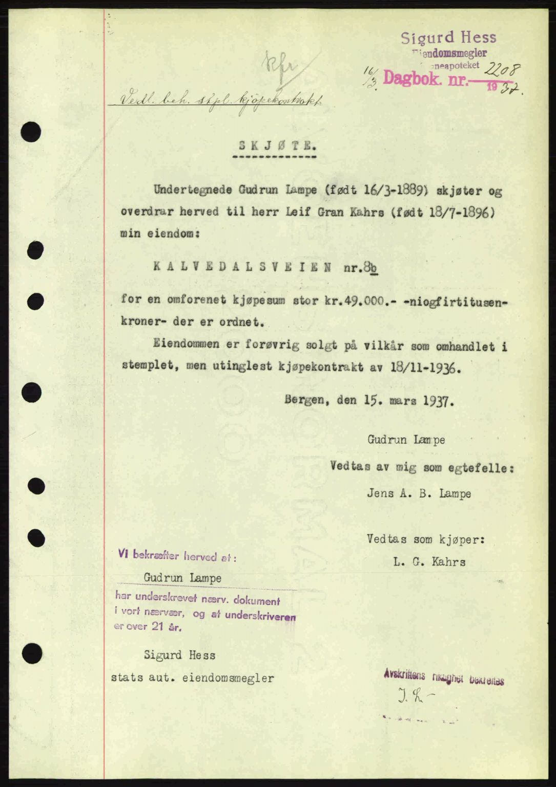 Byfogd og Byskriver i Bergen, SAB/A-3401/03/03Bc/L0004: Mortgage book no. A3-4, 1936-1937, Diary no: : 2208/1937