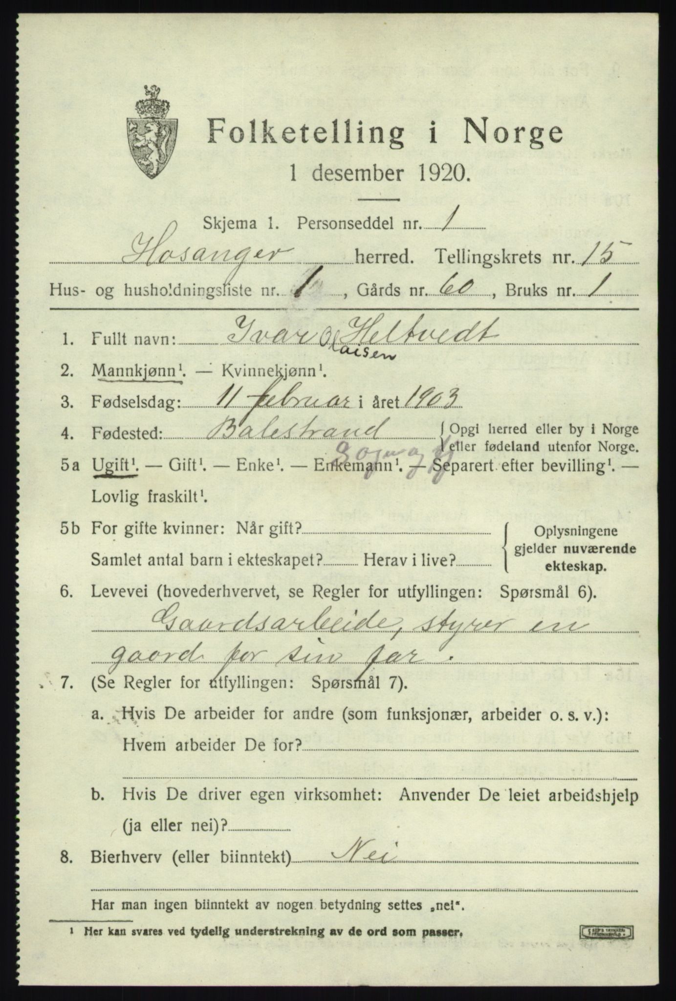 SAB, 1920 census for Hosanger, 1920, p. 5843