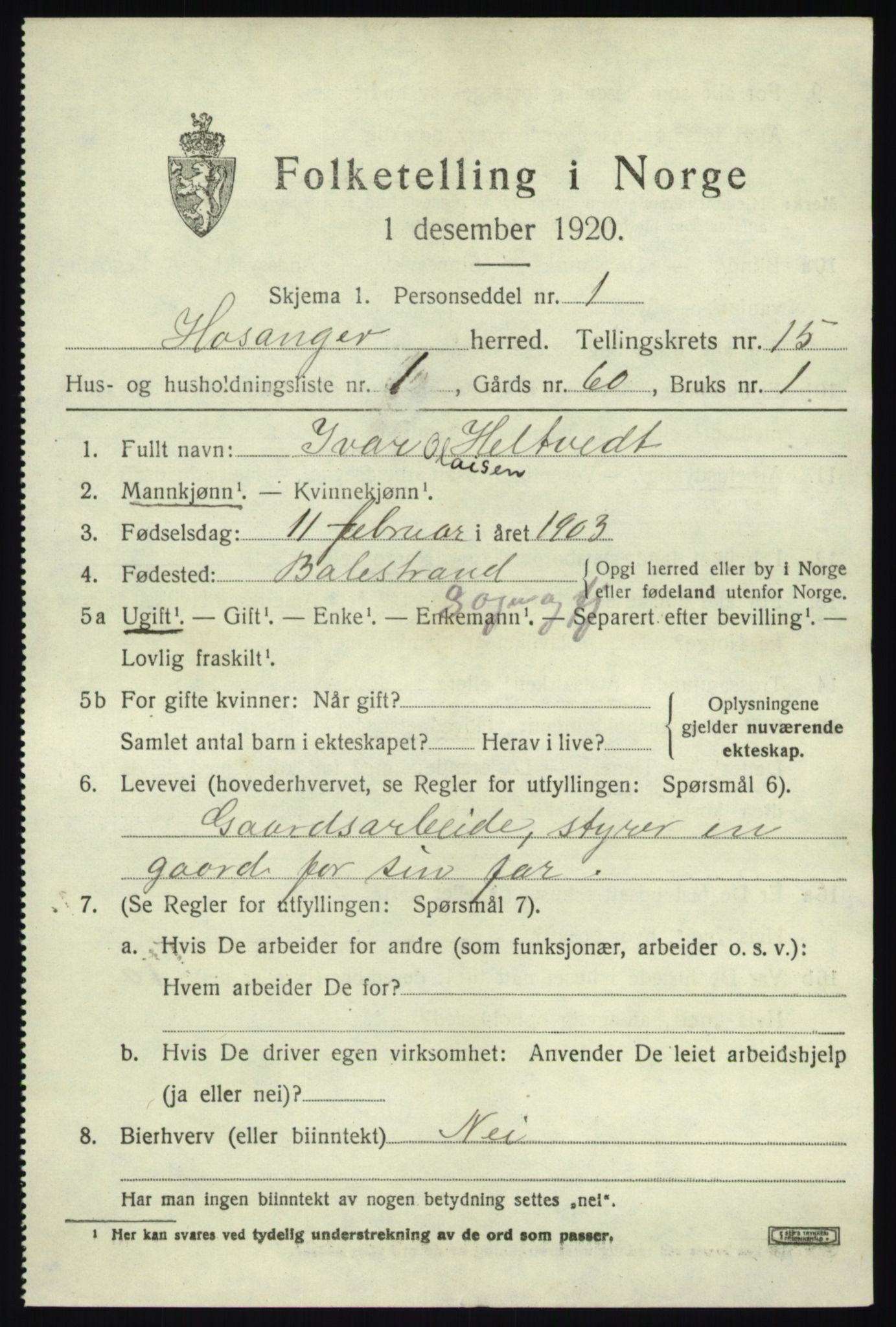 SAB, 1920 census for Hosanger, 1920, p. 5843