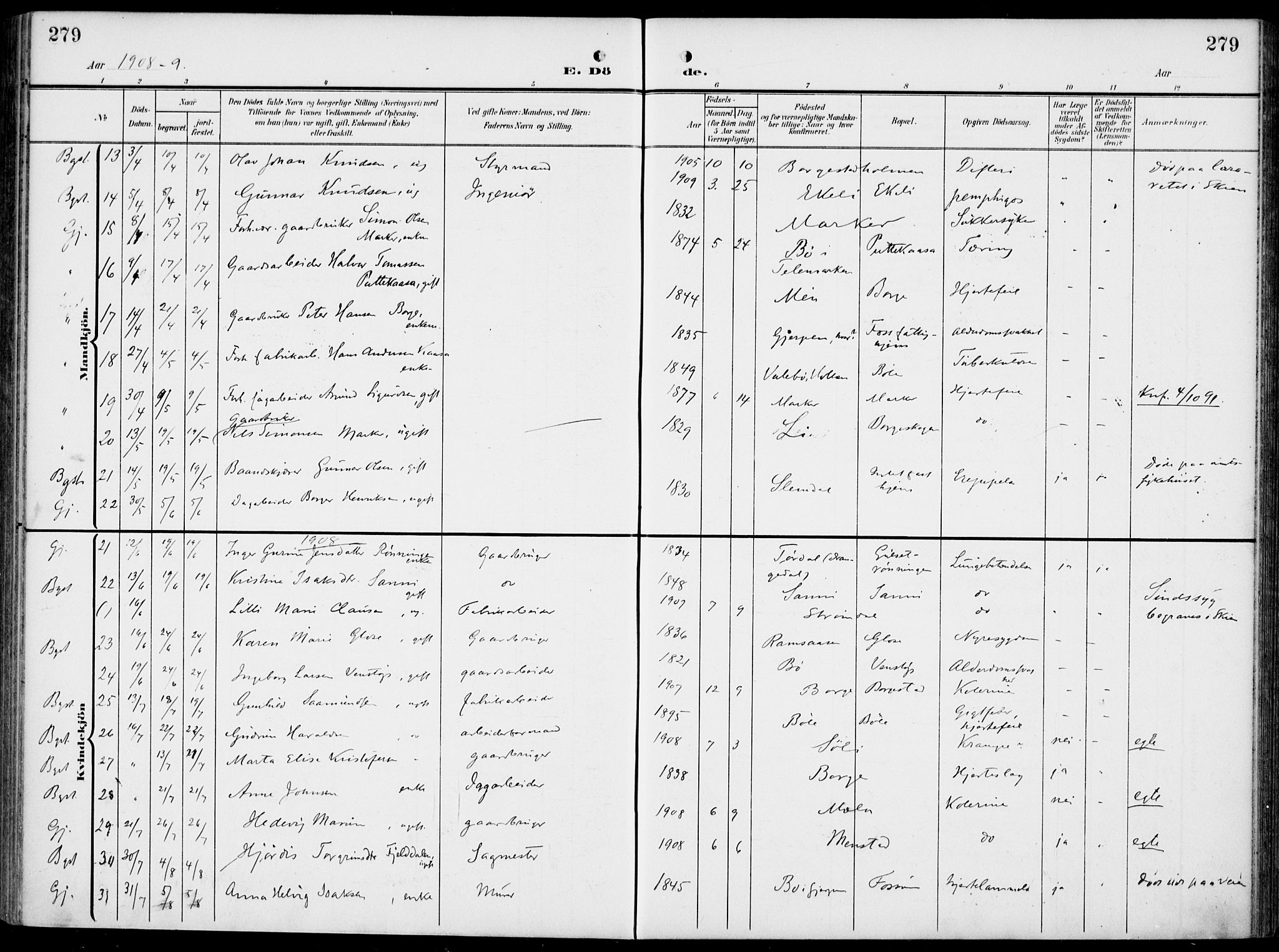 Gjerpen kirkebøker, SAKO/A-265/F/Fa/L0012: Parish register (official) no. I 12, 1905-1913, p. 279