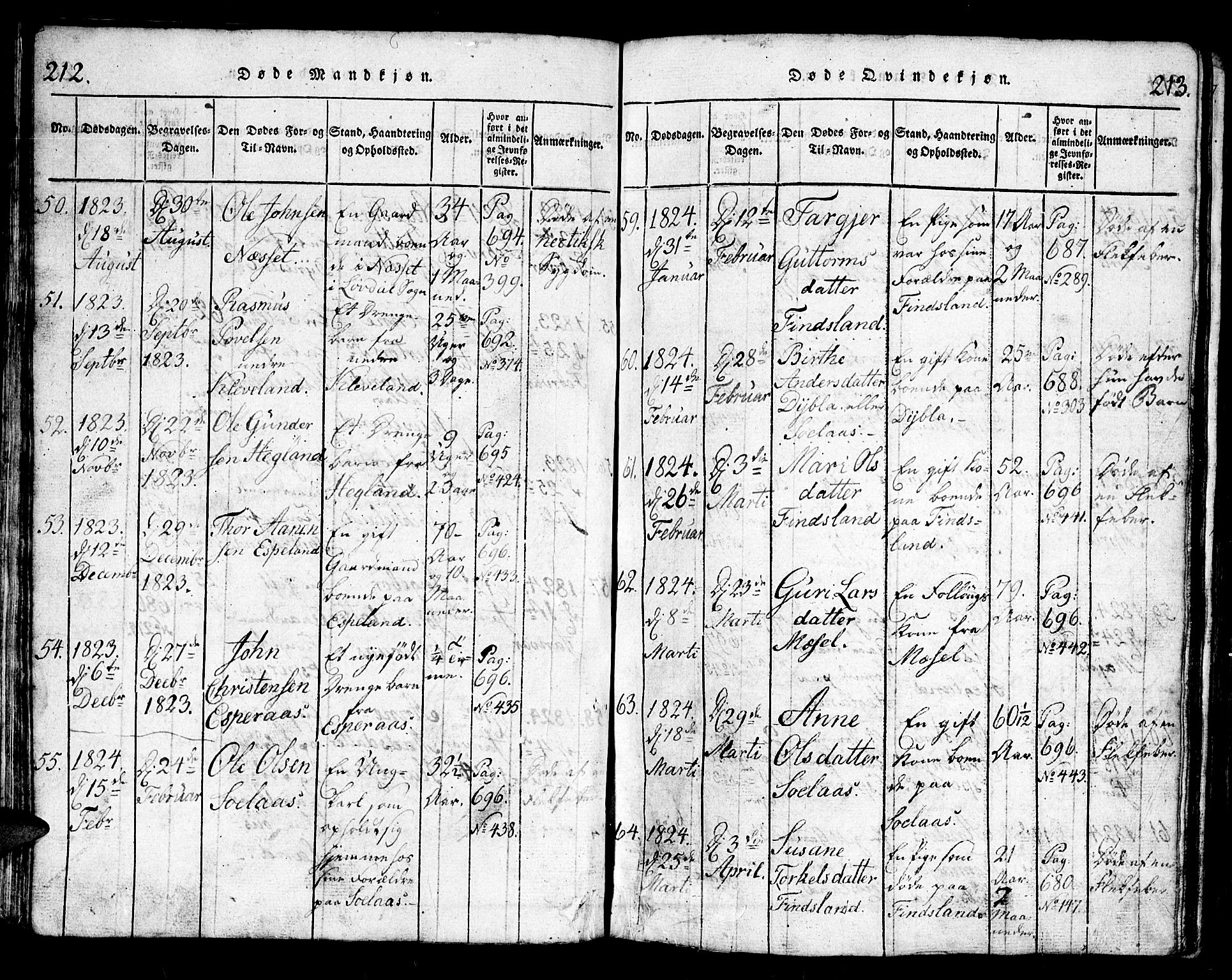 Bjelland sokneprestkontor, AV/SAK-1111-0005/F/Fb/Fbb/L0003: Parish register (copy) no. B 3, 1816-1868, p. 212-213