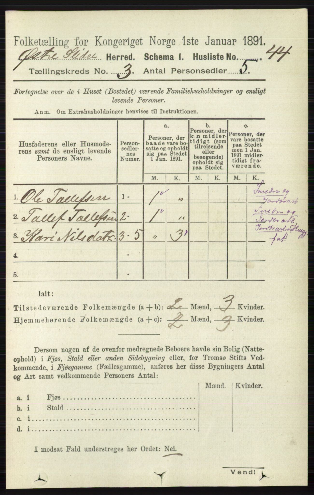 RA, 1891 census for 0544 Øystre Slidre, 1891, p. 593