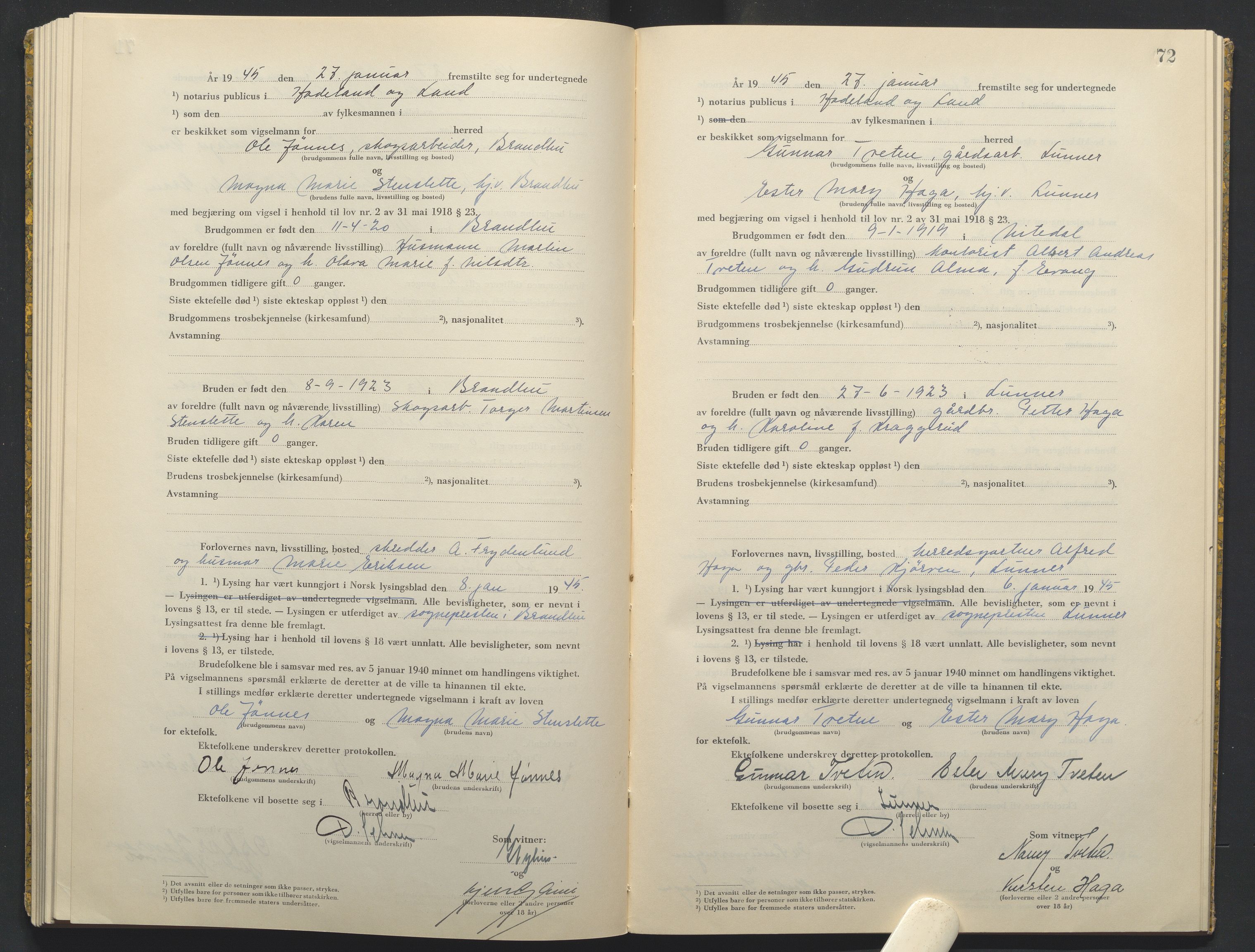 Hadeland og Land tingrett, AV/SAH-TING-010/L/Lb/L0003: Vigselbok, 1944-1946, p. 72