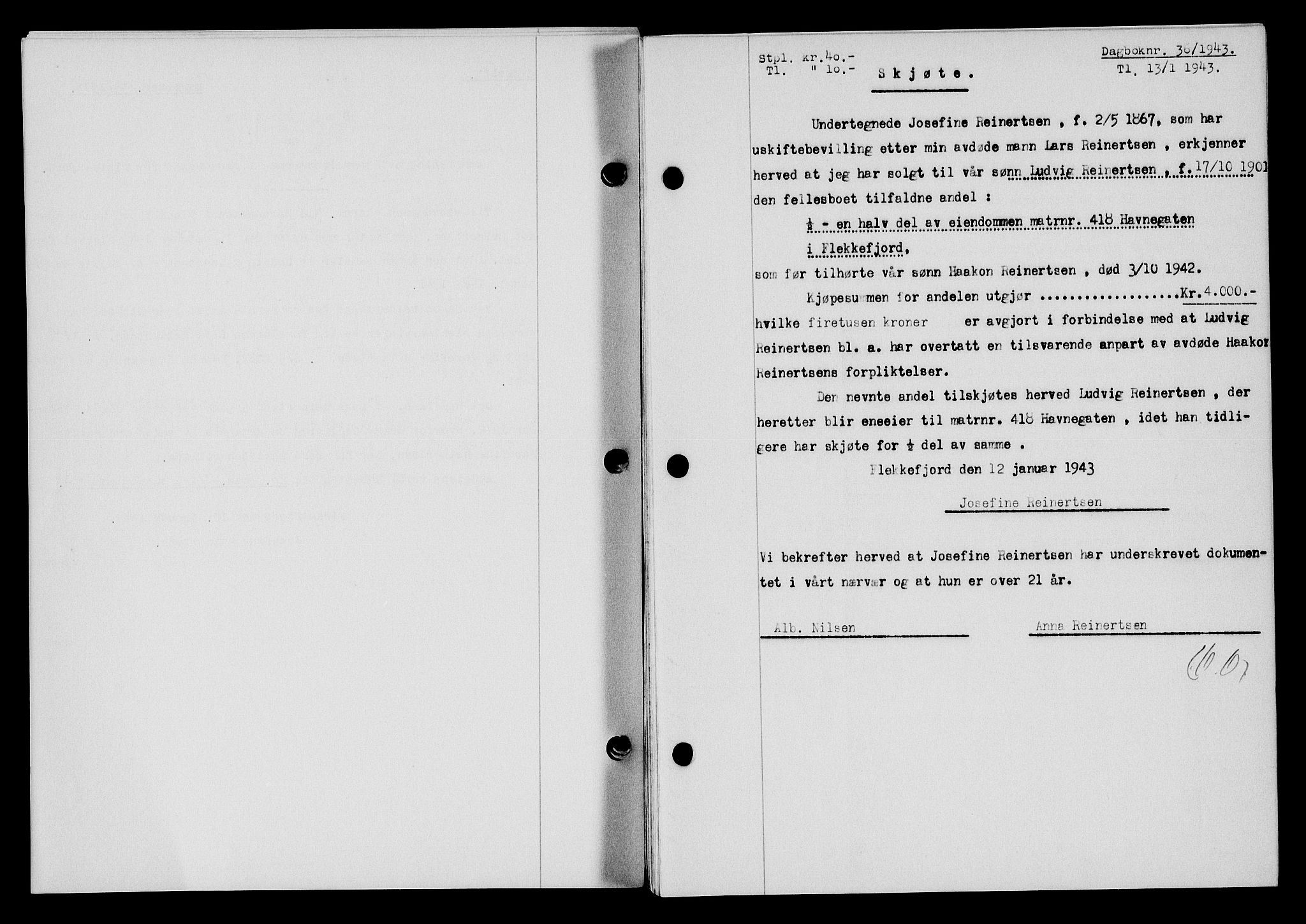 Flekkefjord sorenskriveri, SAK/1221-0001/G/Gb/Gba/L0058: Mortgage book no. A-6, 1942-1944, Diary no: : 36/1943