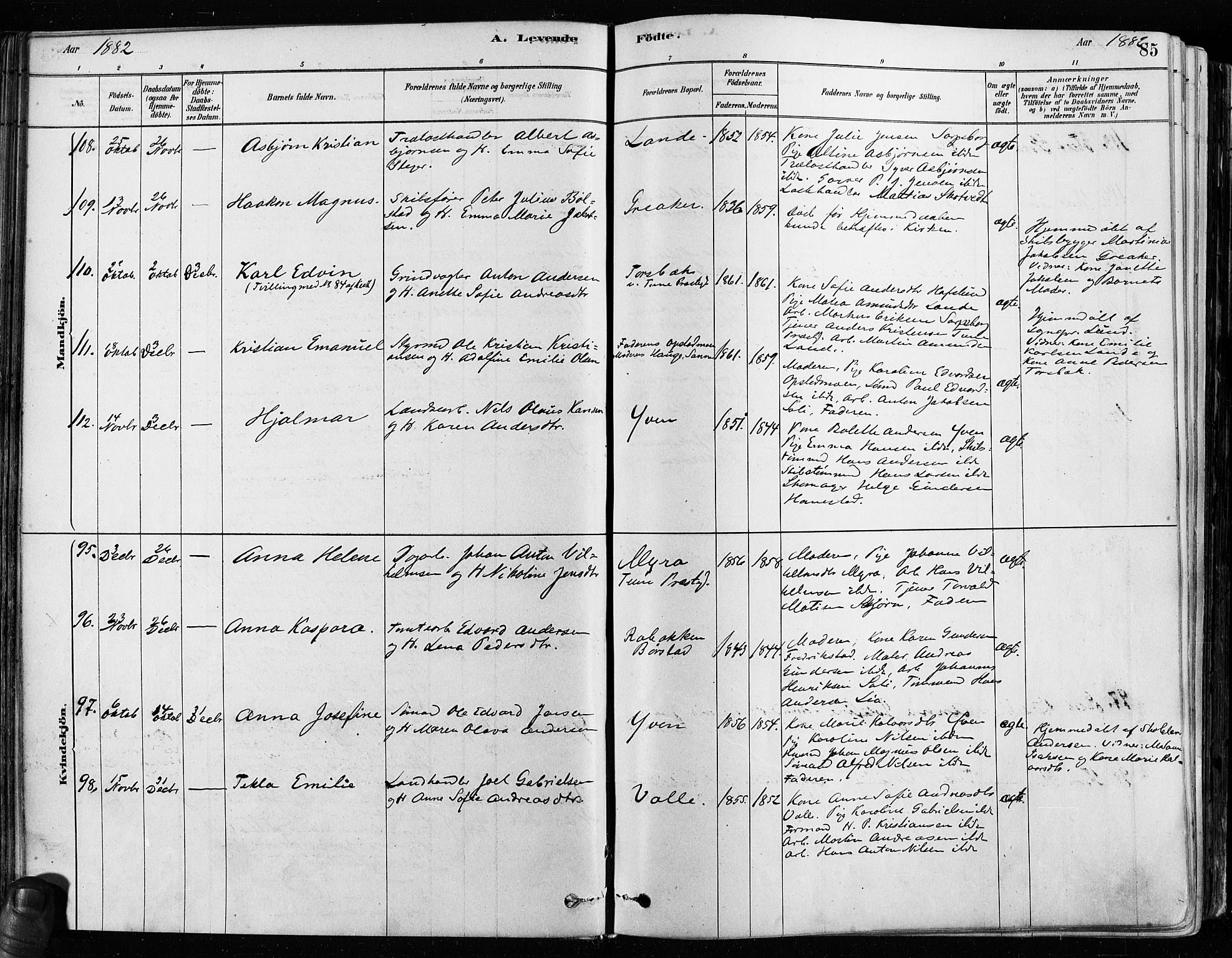 Tune prestekontor Kirkebøker, SAO/A-2007/F/Fa/L0017: Parish register (official) no. 17, 1878-1887, p. 85