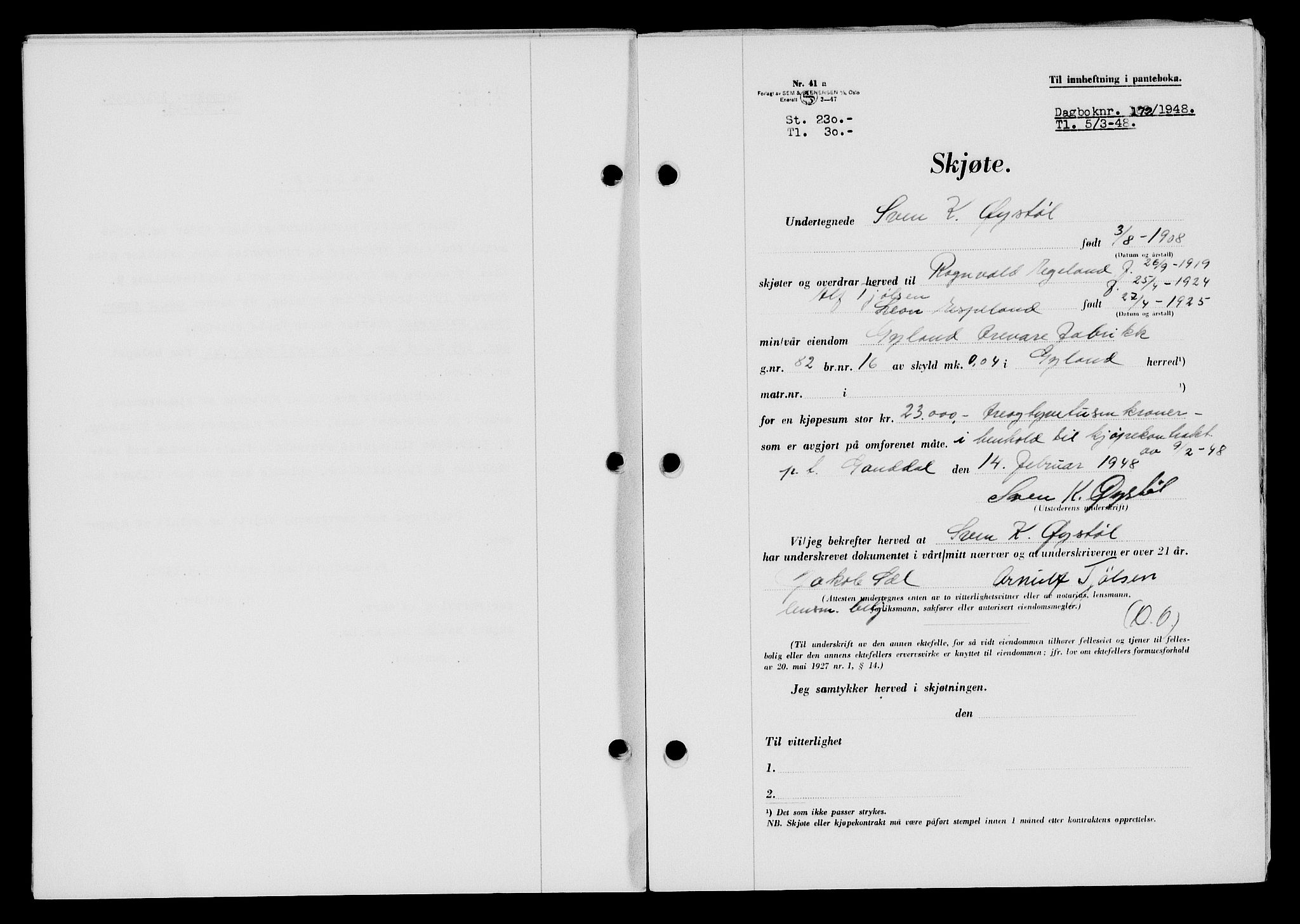 Flekkefjord sorenskriveri, AV/SAK-1221-0001/G/Gb/Gba/L0063: Mortgage book no. A-11, 1947-1948, Diary no: : 172/1948