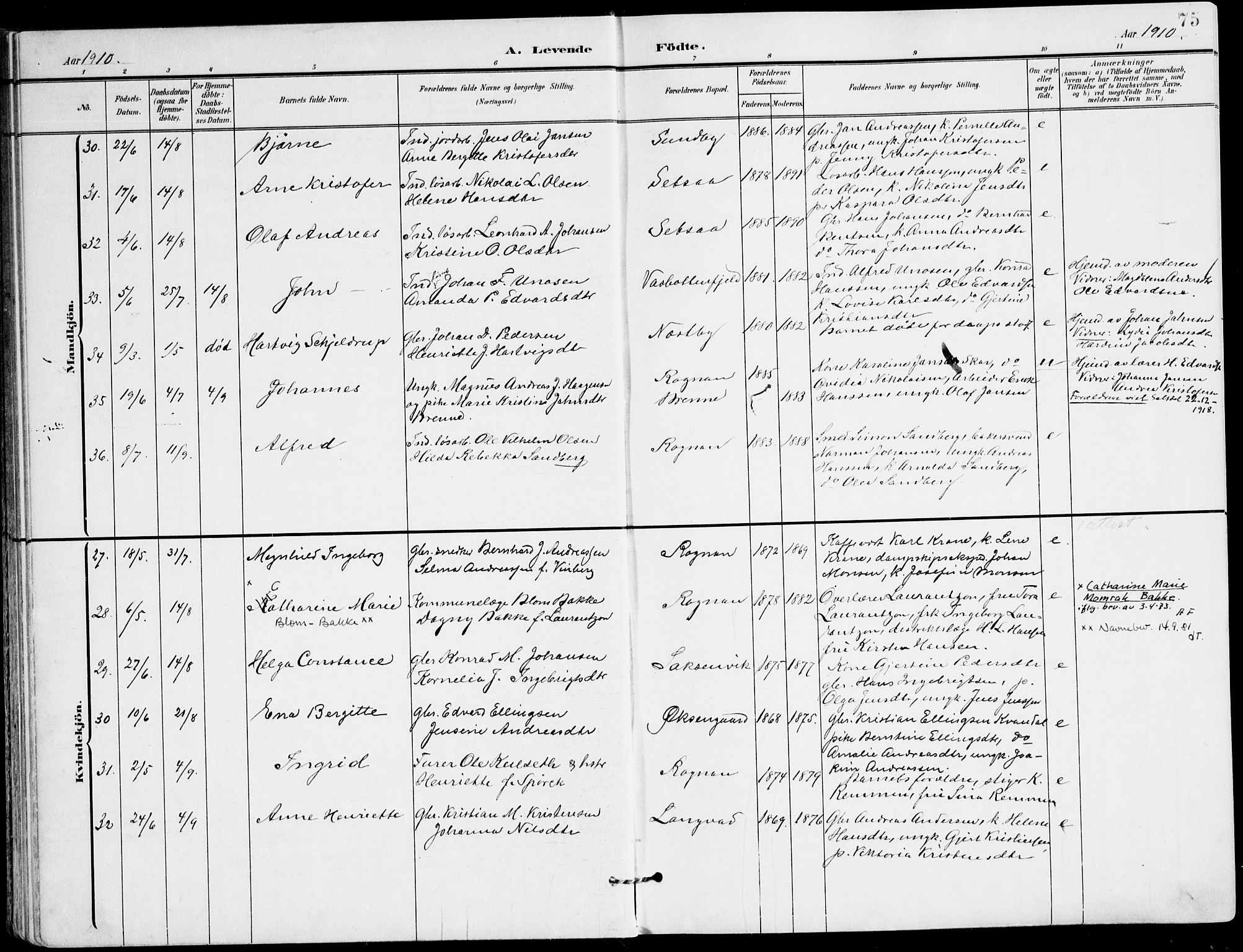 Ministerialprotokoller, klokkerbøker og fødselsregistre - Nordland, AV/SAT-A-1459/847/L0672: Parish register (official) no. 847A12, 1902-1919, p. 75