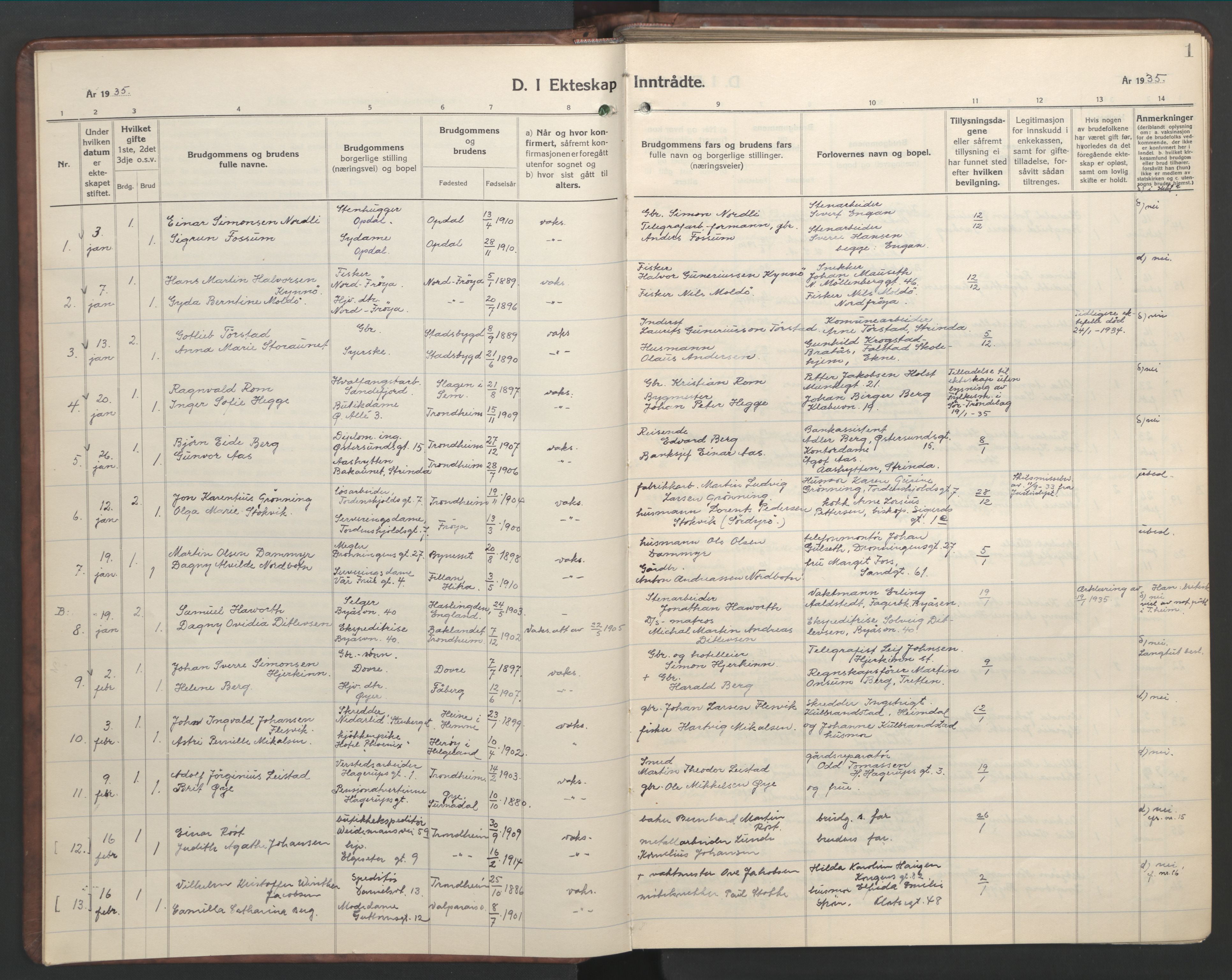 Ministerialprotokoller, klokkerbøker og fødselsregistre - Sør-Trøndelag, AV/SAT-A-1456/601/L0101: Parish register (copy) no. 601C19, 1935-1946, p. 1