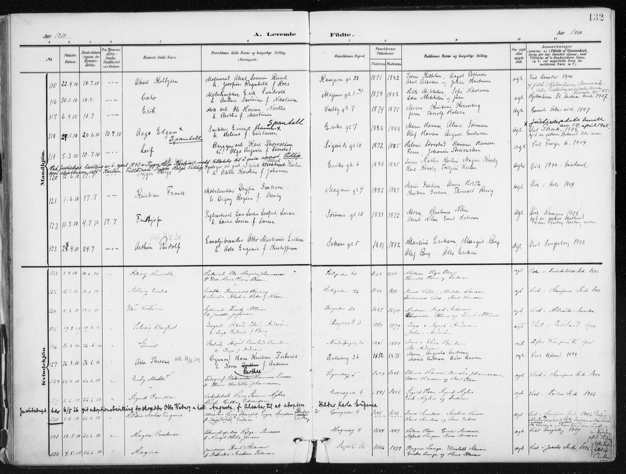 Kampen prestekontor Kirkebøker, SAO/A-10853/F/Fa/L0010: Parish register (official) no. I 10, 1905-1917, p. 132