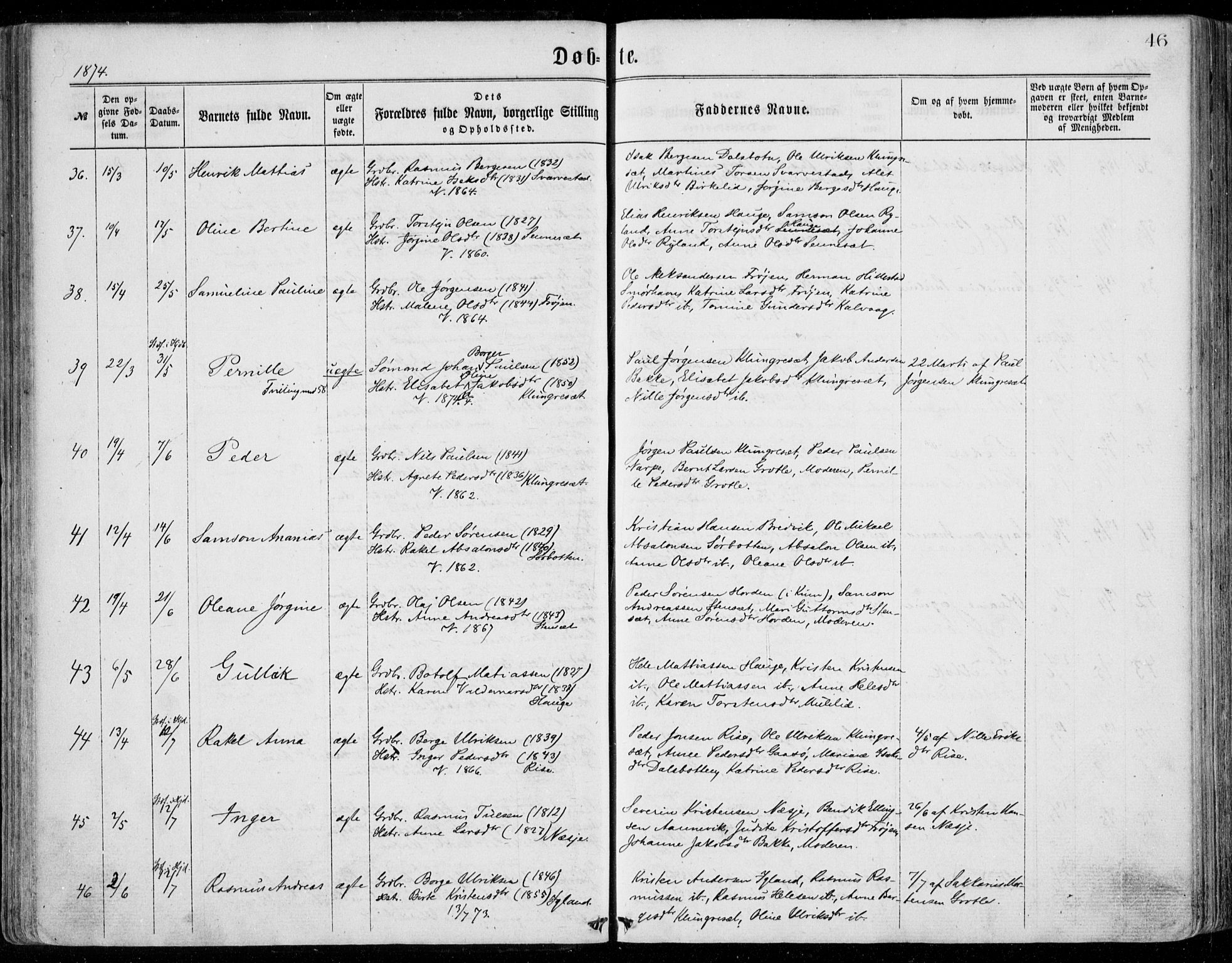 Bremanger sokneprestembete, AV/SAB-A-82201/H/Haa/Haaa/L0001: Parish register (official) no. A  1, 1864-1883, p. 46