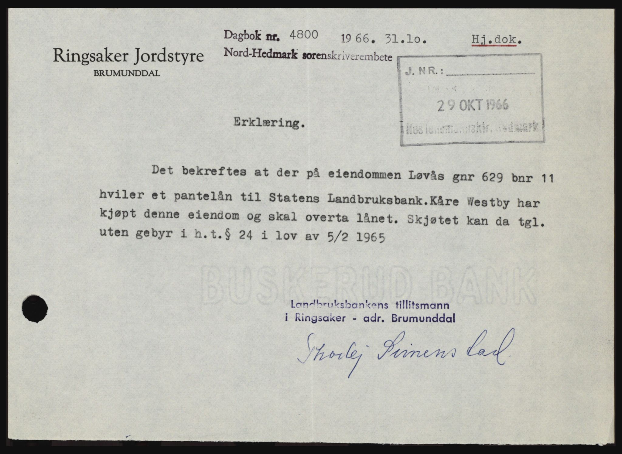 Nord-Hedmark sorenskriveri, SAH/TING-012/H/Hc/L0024: Mortgage book no. 24, 1966-1966, Diary no: : 4800/1966