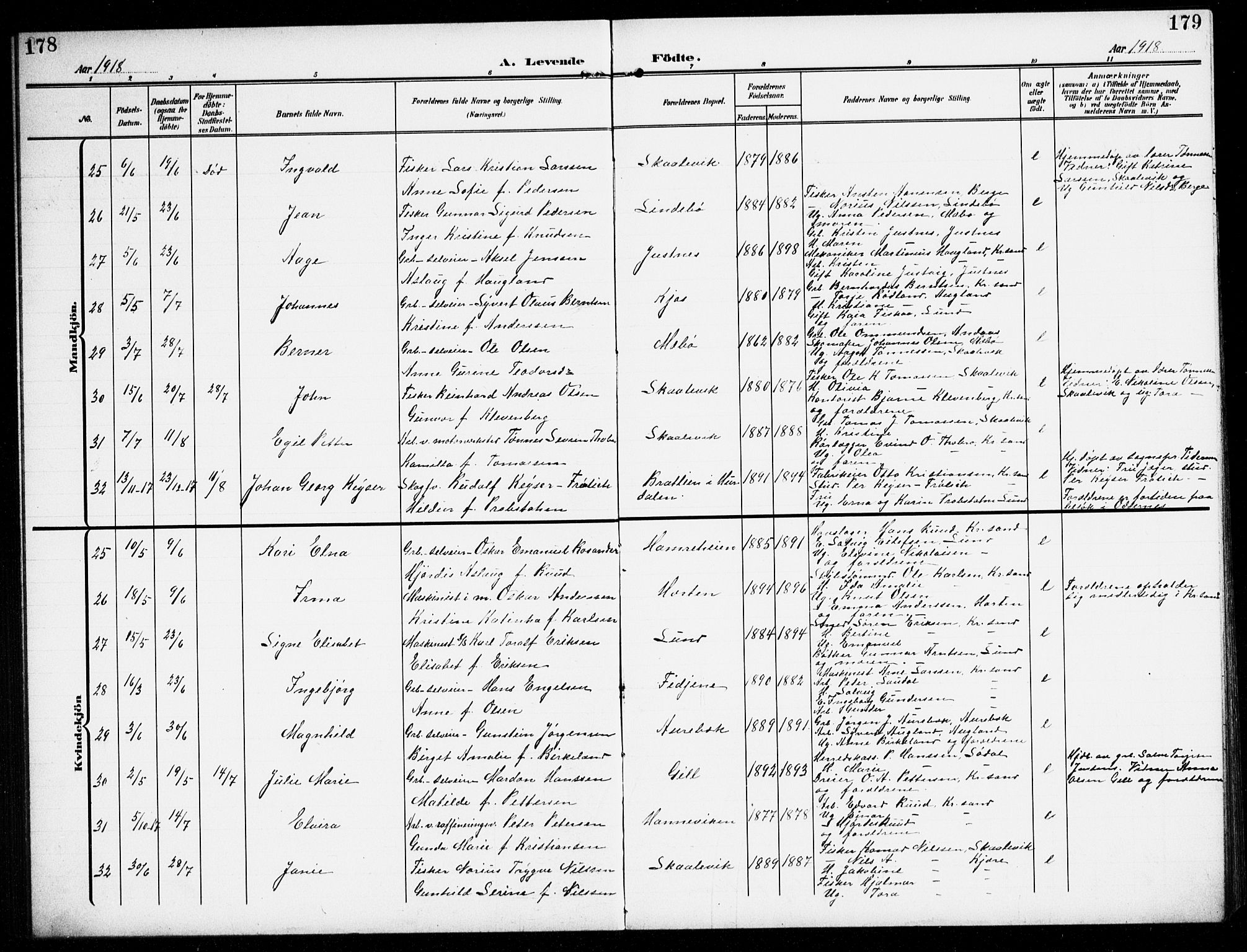 Oddernes sokneprestkontor, SAK/1111-0033/F/Fb/Fba/L0010: Parish register (copy) no. B 10, 1907-1941, p. 178-179