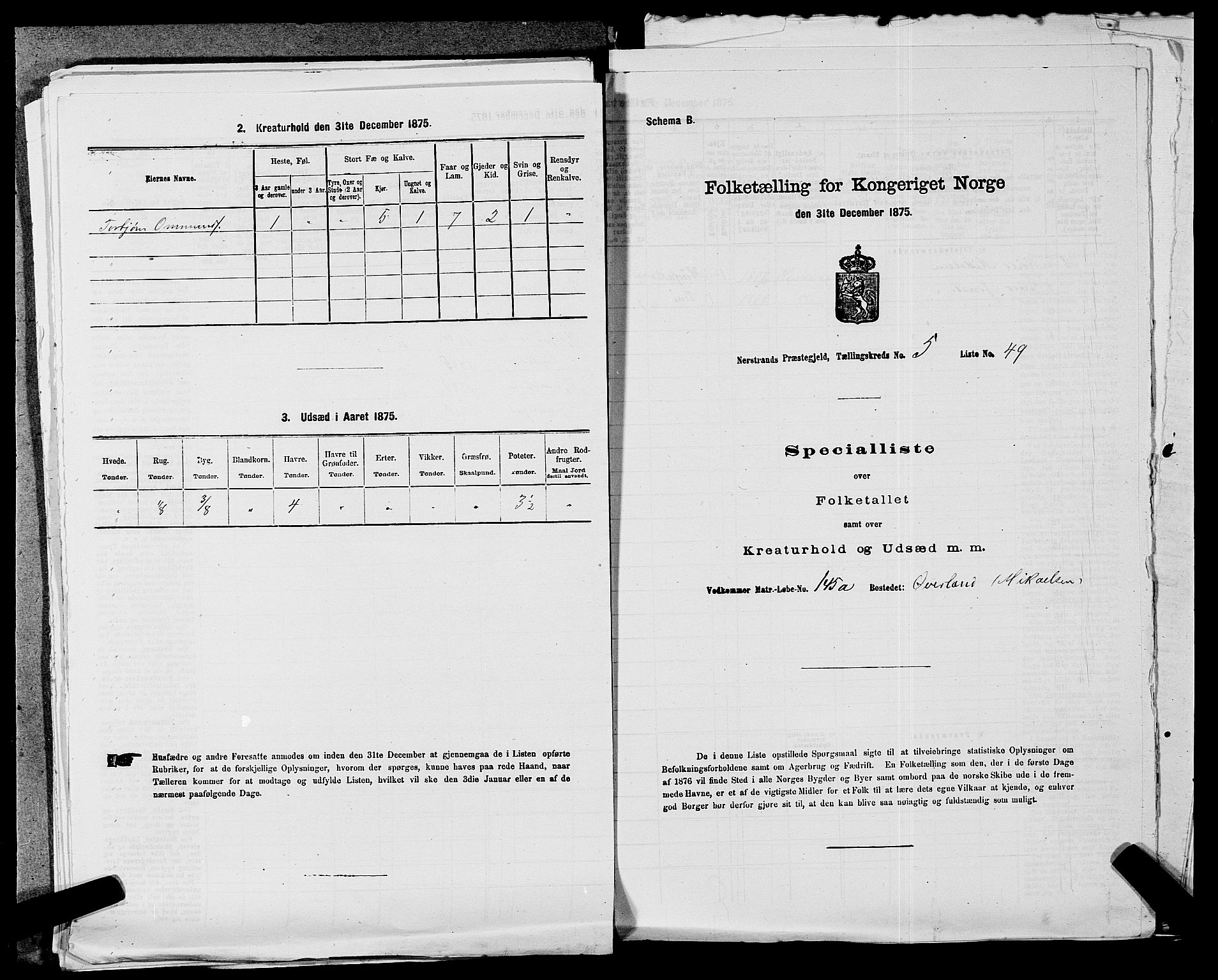 SAST, 1875 census for 1139P Nedstrand, 1875, p. 434