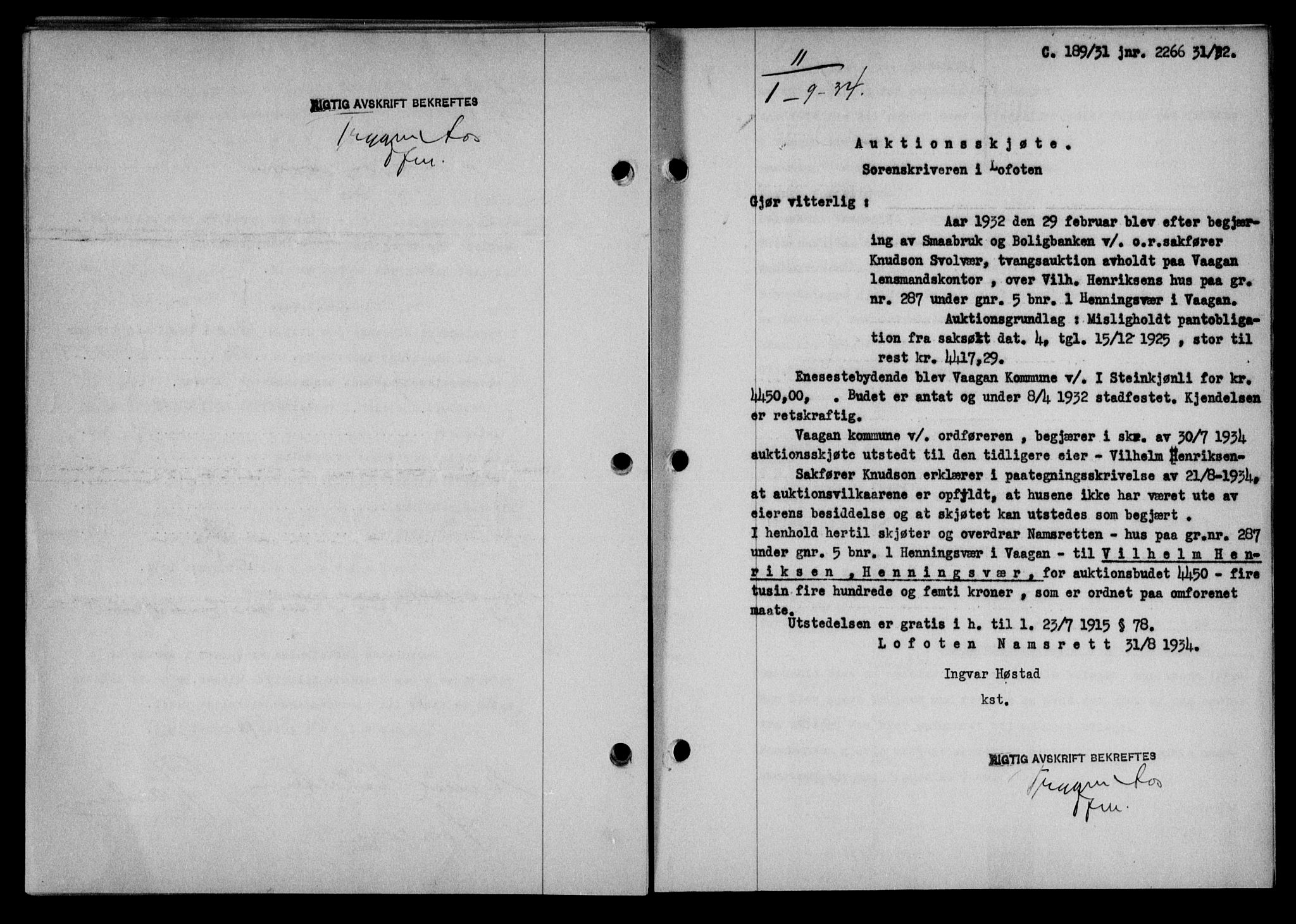 Lofoten sorenskriveri, AV/SAT-A-0017/1/2/2C/L0030b: Mortgage book no. 30b, 1934-1934, Deed date: 01.09.1934