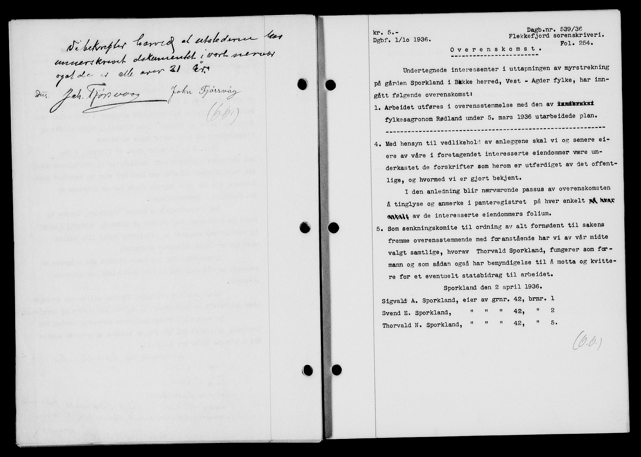 Flekkefjord sorenskriveri, SAK/1221-0001/G/Gb/Gba/L0053: Mortgage book no. A-1, 1936-1937, Diary no: : 539/1936