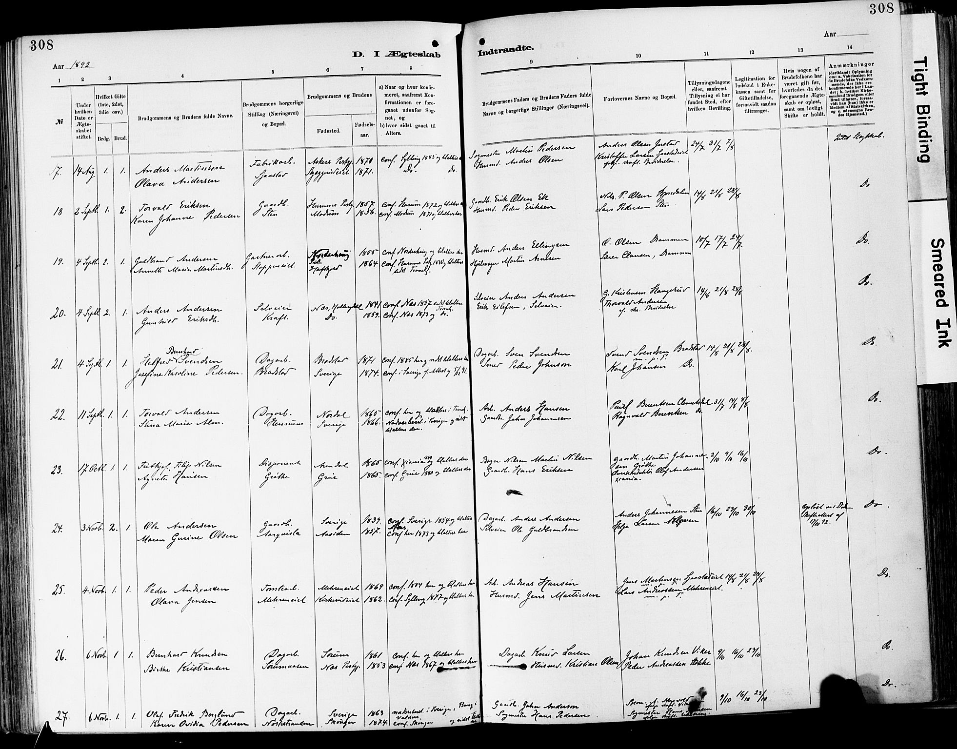 Lier kirkebøker, AV/SAKO-A-230/F/Fa/L0015: Parish register (official) no. I 15, 1883-1894, p. 308