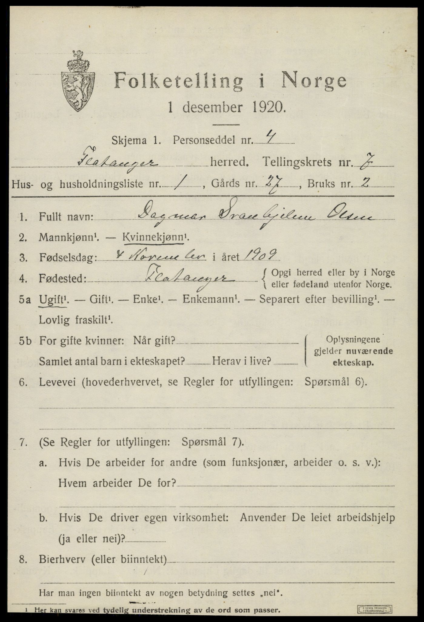 SAT, 1920 census for Flatanger, 1920, p. 3222