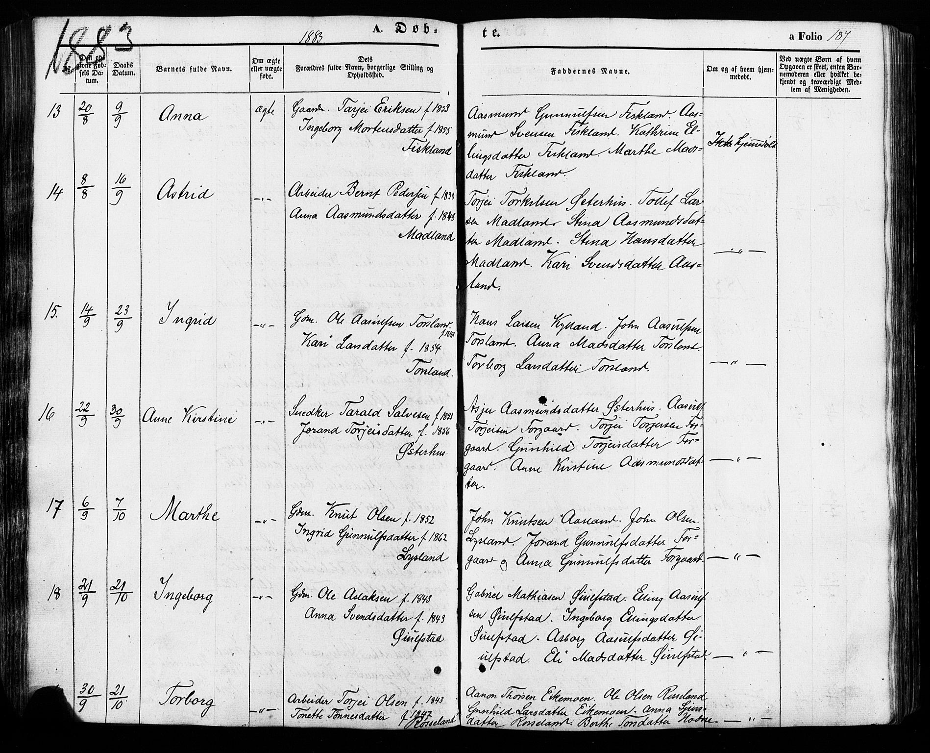 Åseral sokneprestkontor, AV/SAK-1111-0051/F/Fa/L0002: Parish register (official) no. A 2, 1854-1884, p. 187