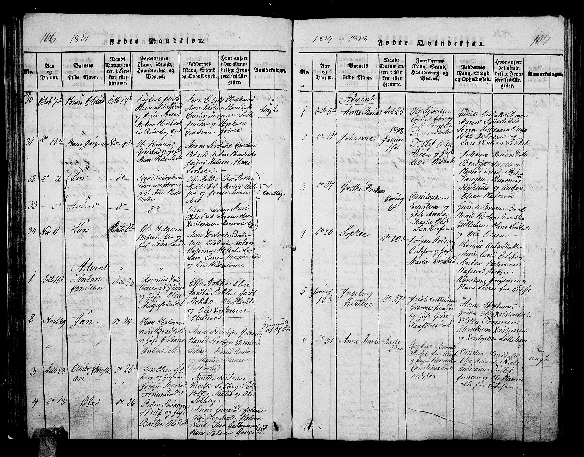 Hof kirkebøker, AV/SAKO-A-64/G/Ga/L0001: Parish register (copy) no. I 1, 1814-1844, p. 106-107