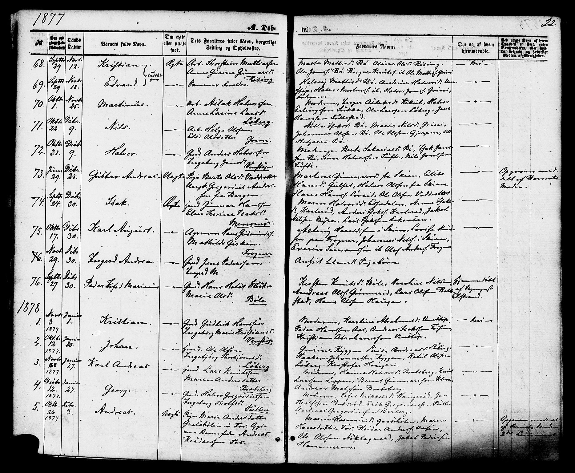 Gjerpen kirkebøker, SAKO/A-265/F/Fa/L0009: Parish register (official) no. I 9, 1872-1885, p. 22