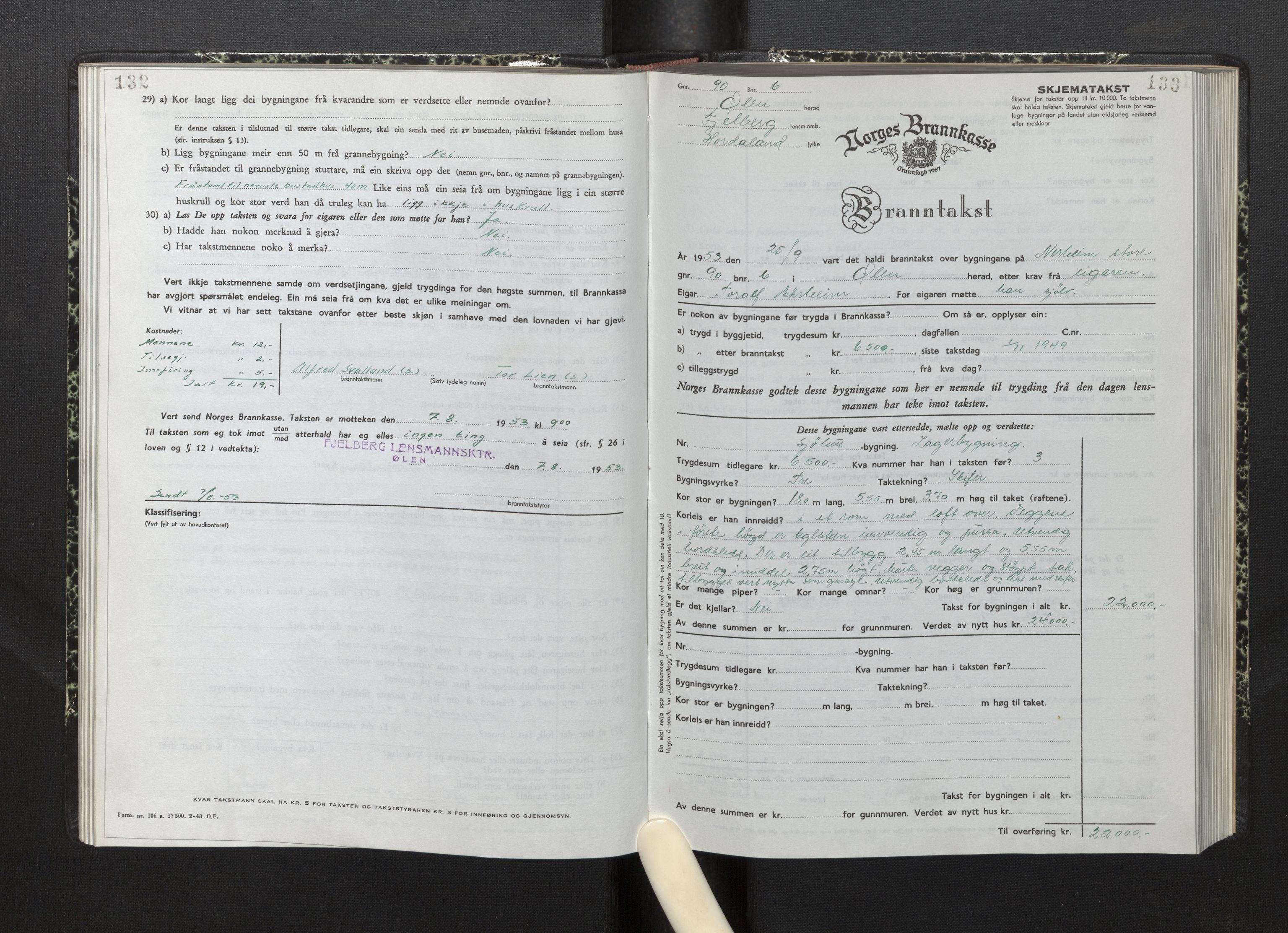 Lensmannen i Fjelberg, AV/SAB-A-32101/0012/L0008: Branntakstprotokoll, skjematakst, 1949-1955, p. 132-133