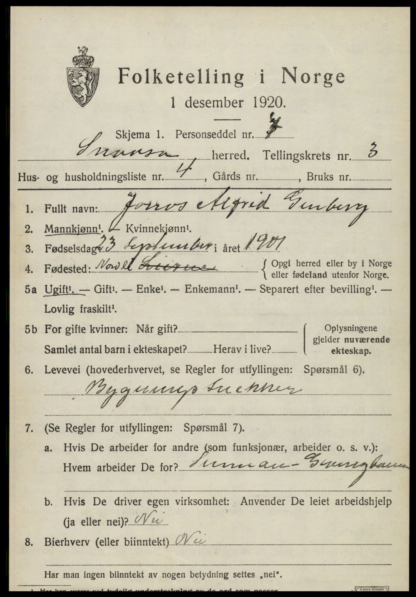 SAT, 1920 census for Snåsa, 1920, p. 1580