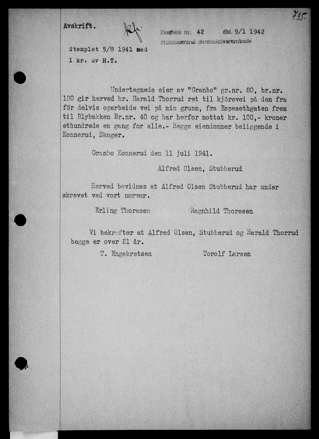 Holmestrand sorenskriveri, SAKO/A-67/G/Ga/Gaa/L0054: Mortgage book no. A-54, 1941-1942, Diary no: : 42/1942