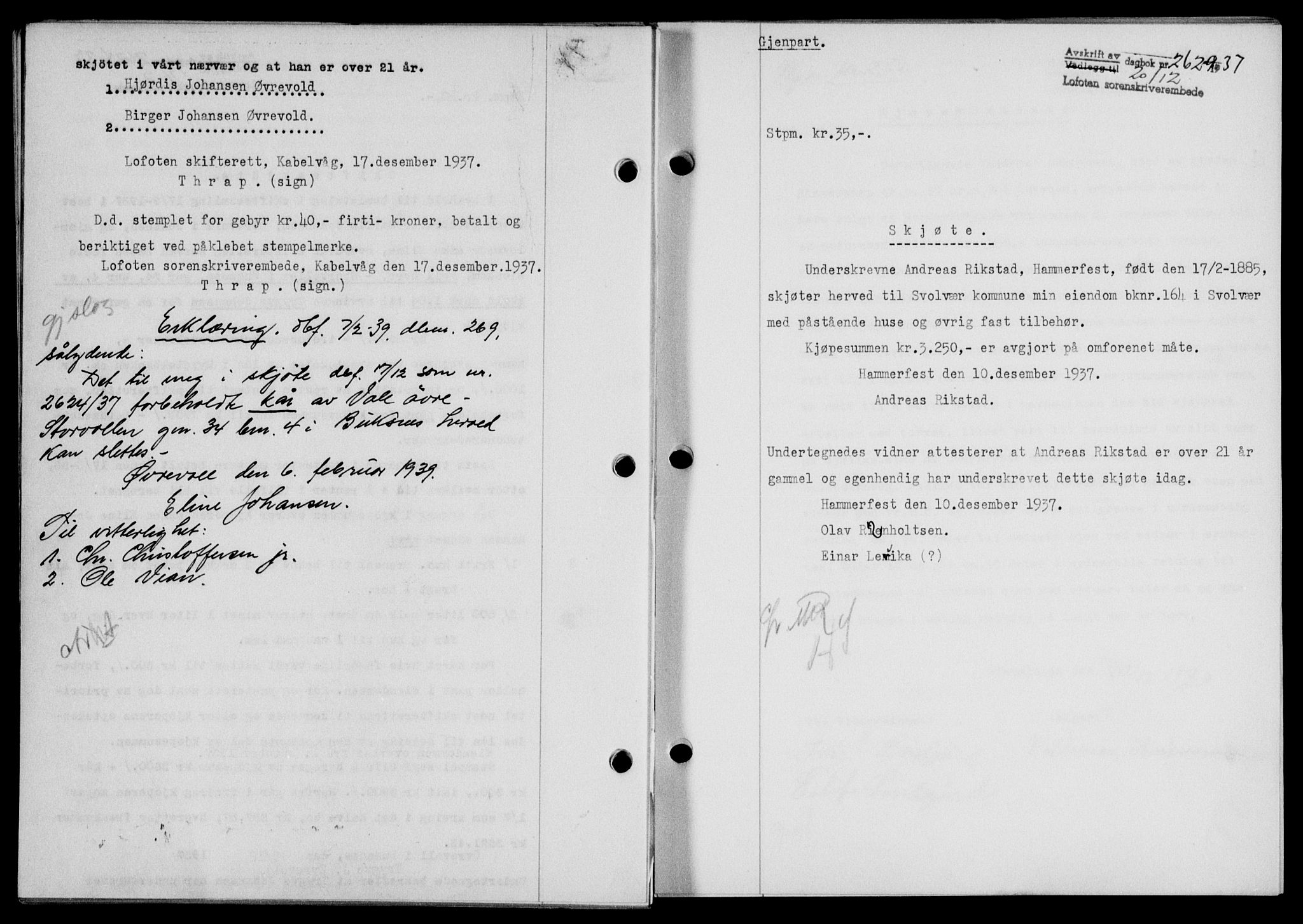 Lofoten sorenskriveri, SAT/A-0017/1/2/2C/L0003a: Mortgage book no. 3a, 1937-1938, Diary no: : 2629/1937