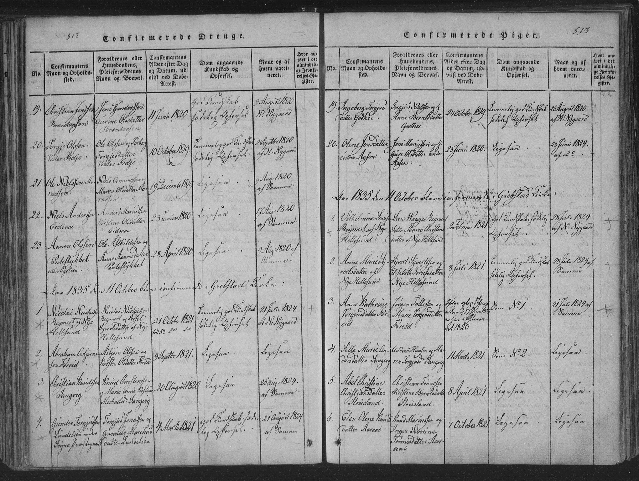 Søgne sokneprestkontor, SAK/1111-0037/F/Fa/Fab/L0008: Parish register (official) no. A 8, 1821-1838, p. 512-513