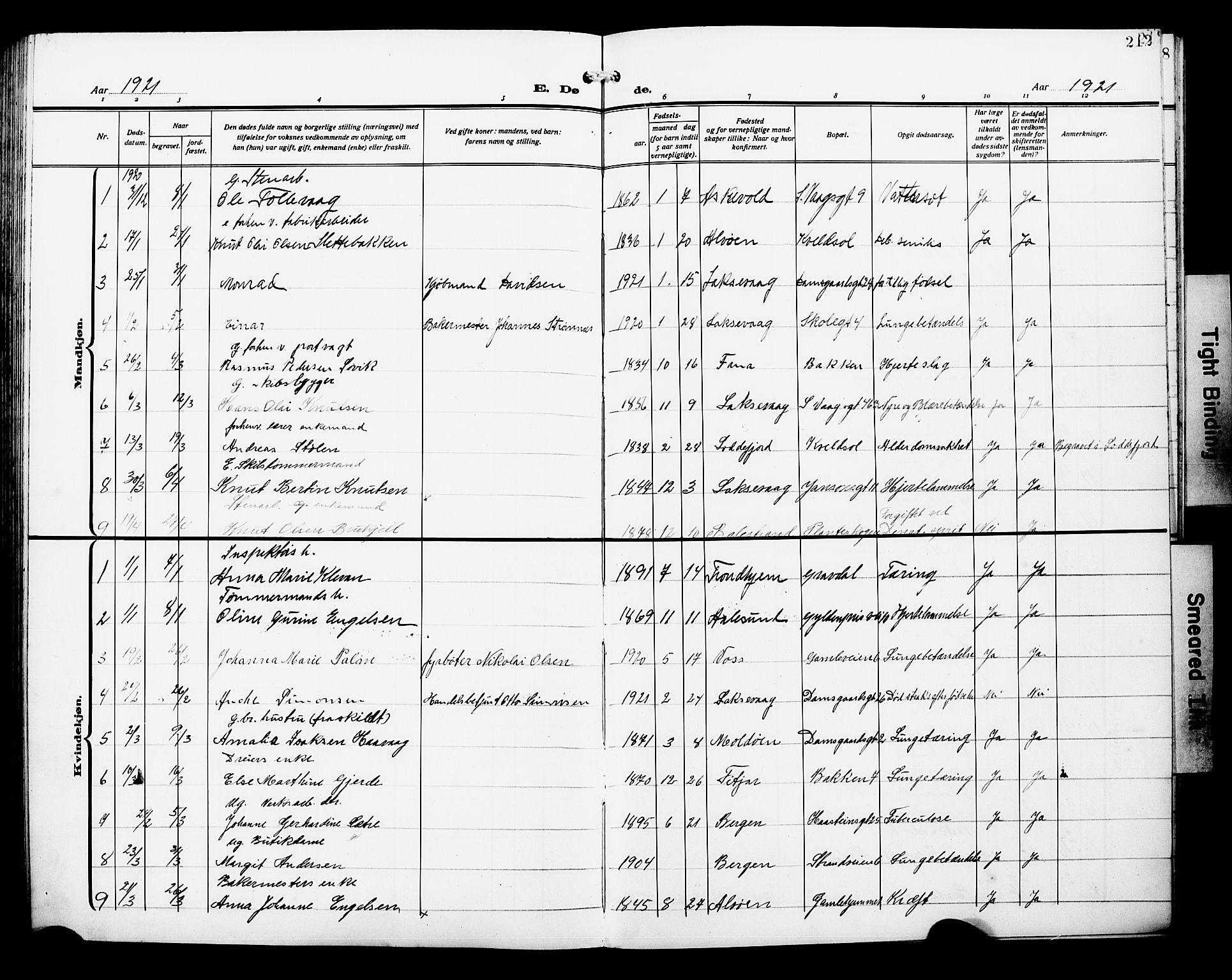 Laksevåg Sokneprestembete, SAB/A-76501/H/Ha/Hab/Haba/L0006: Parish register (copy) no. A 6, 1917-1925, p. 212