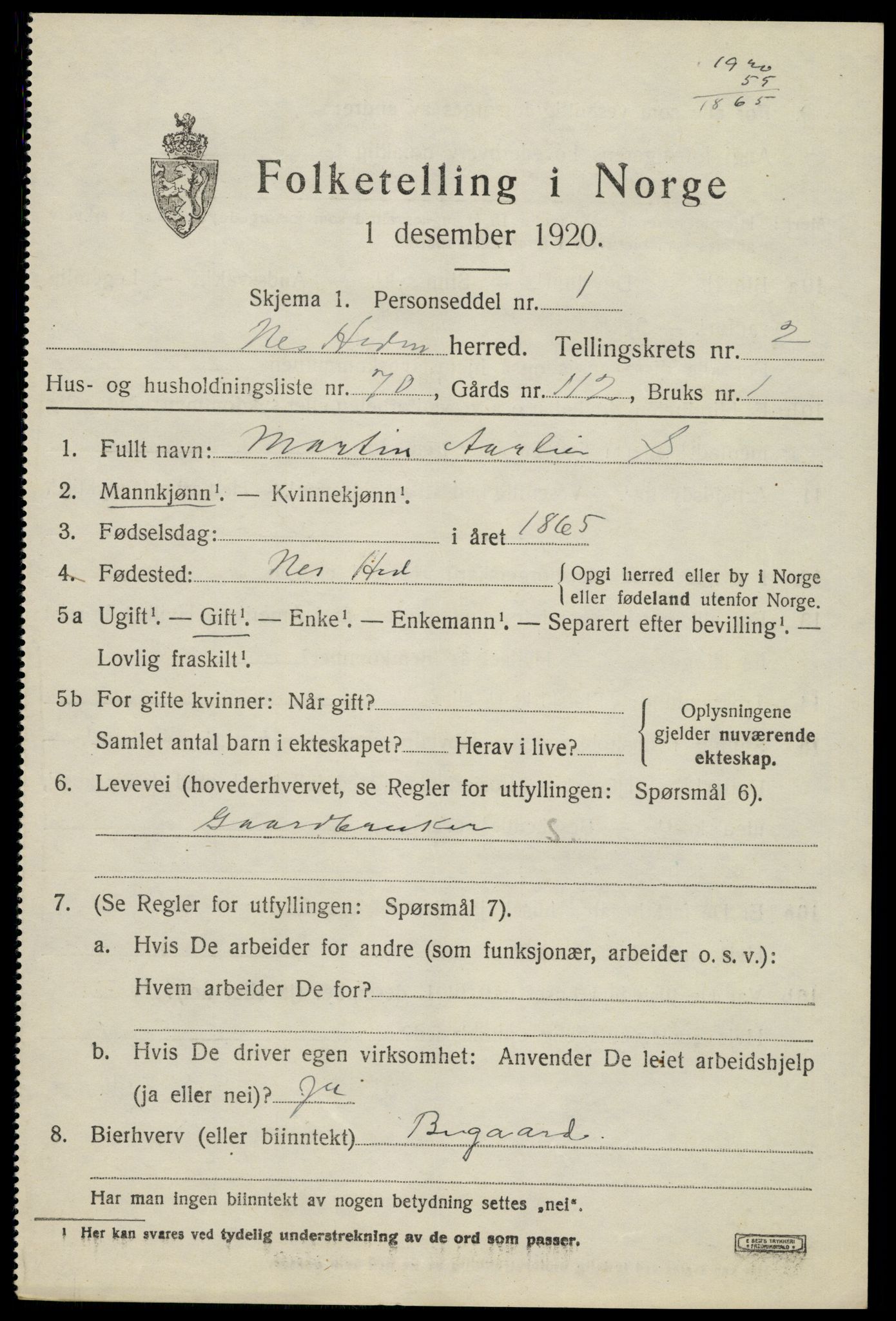 SAH, 1920 census for Nes (Hedmark), 1920, p. 3780