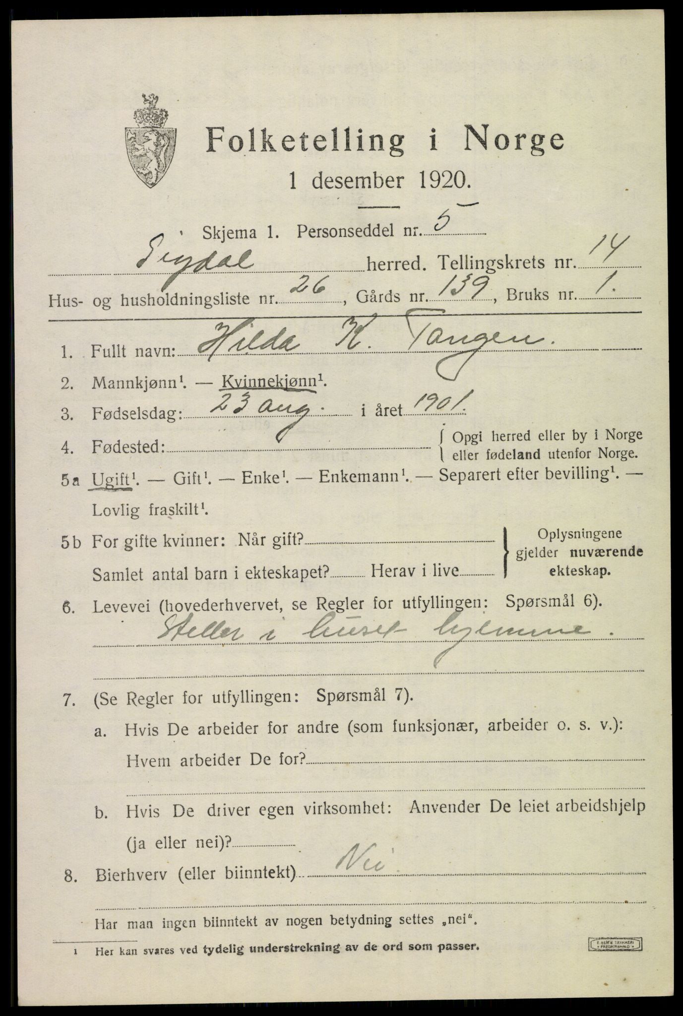 SAKO, 1920 census for Sigdal, 1920, p. 8894