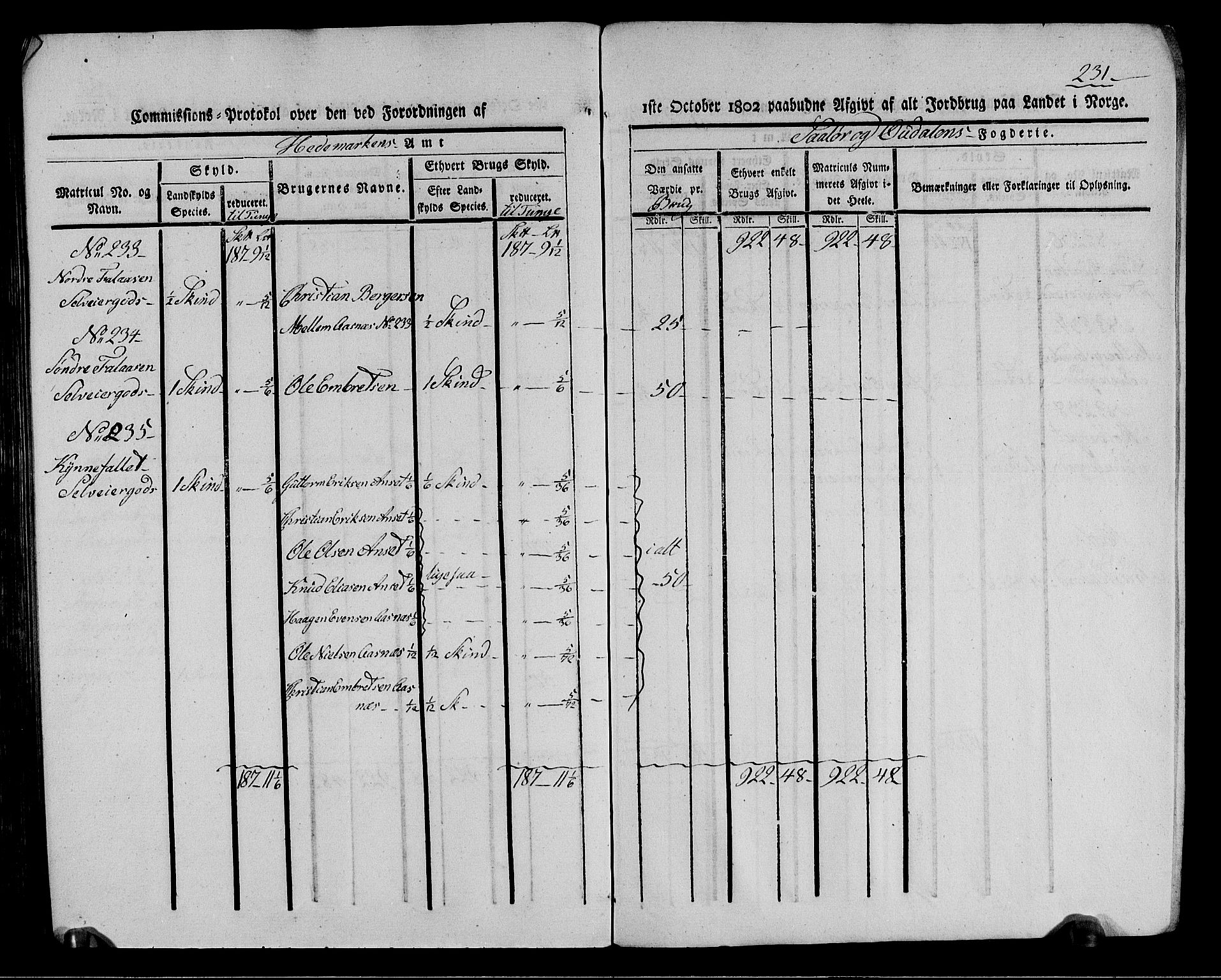 Rentekammeret inntil 1814, Realistisk ordnet avdeling, RA/EA-4070/N/Ne/Nea/L0026: Solør og Odal fogderi. Kommisjonsprotokoll (gjenpart), 1803, p. 233