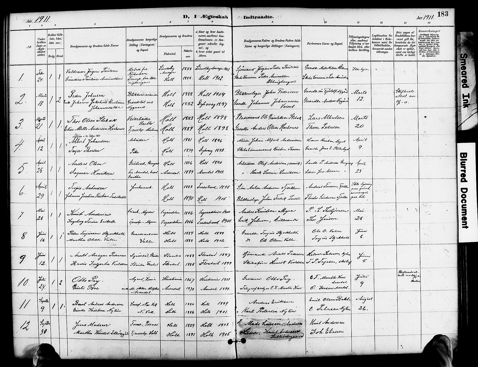 Holt sokneprestkontor, SAK/1111-0021/F/Fb/L0011: Parish register (copy) no. B 11, 1897-1921, p. 183