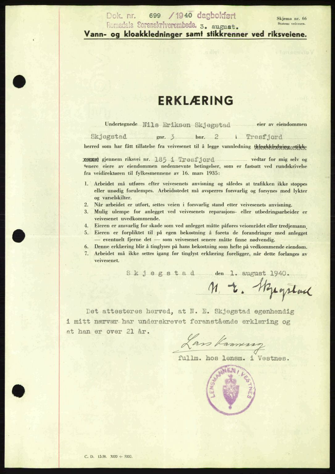 Romsdal sorenskriveri, AV/SAT-A-4149/1/2/2C: Mortgage book no. A8, 1939-1940, Diary no: : 699/1940