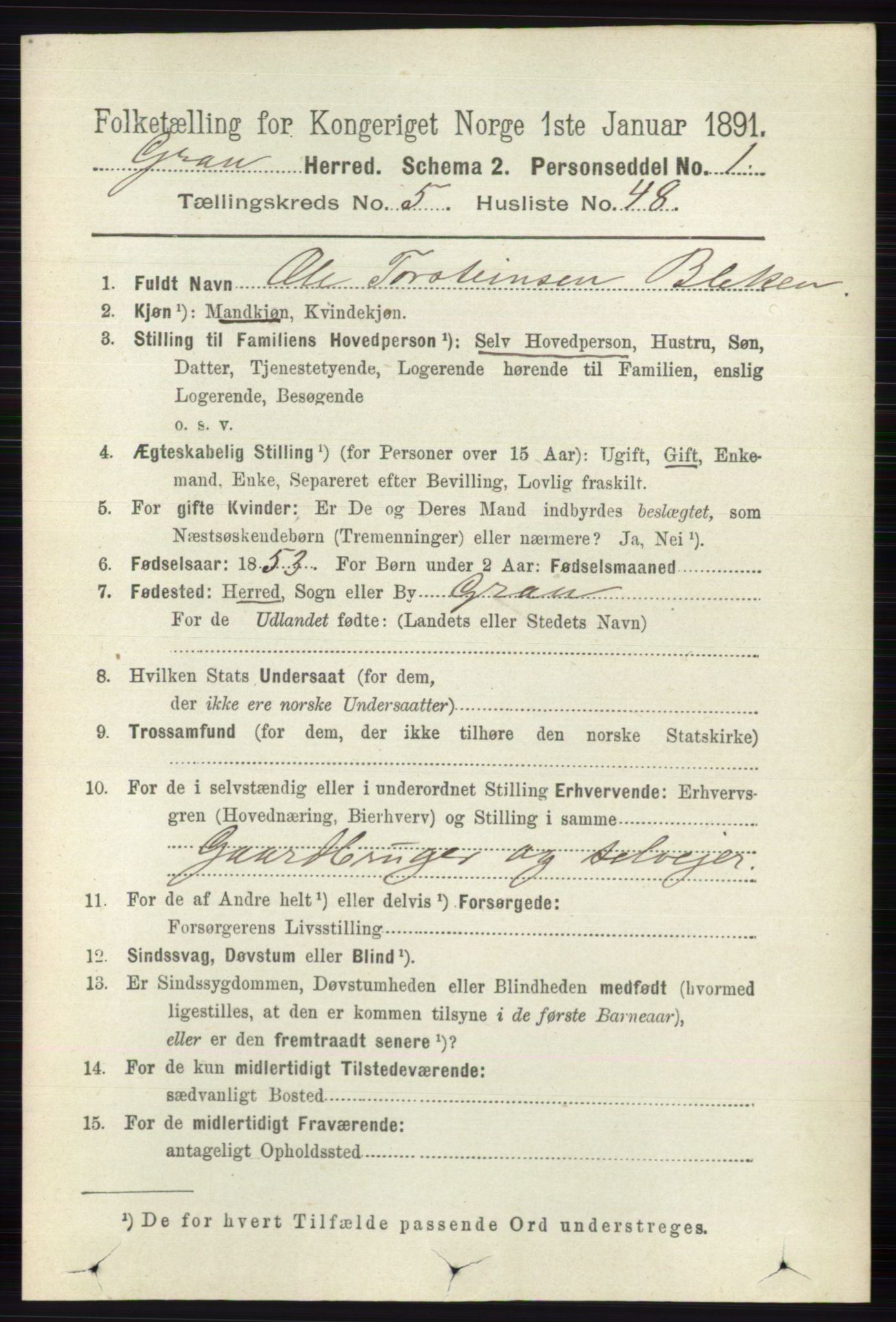 RA, 1891 census for 0534 Gran, 1891, p. 1895