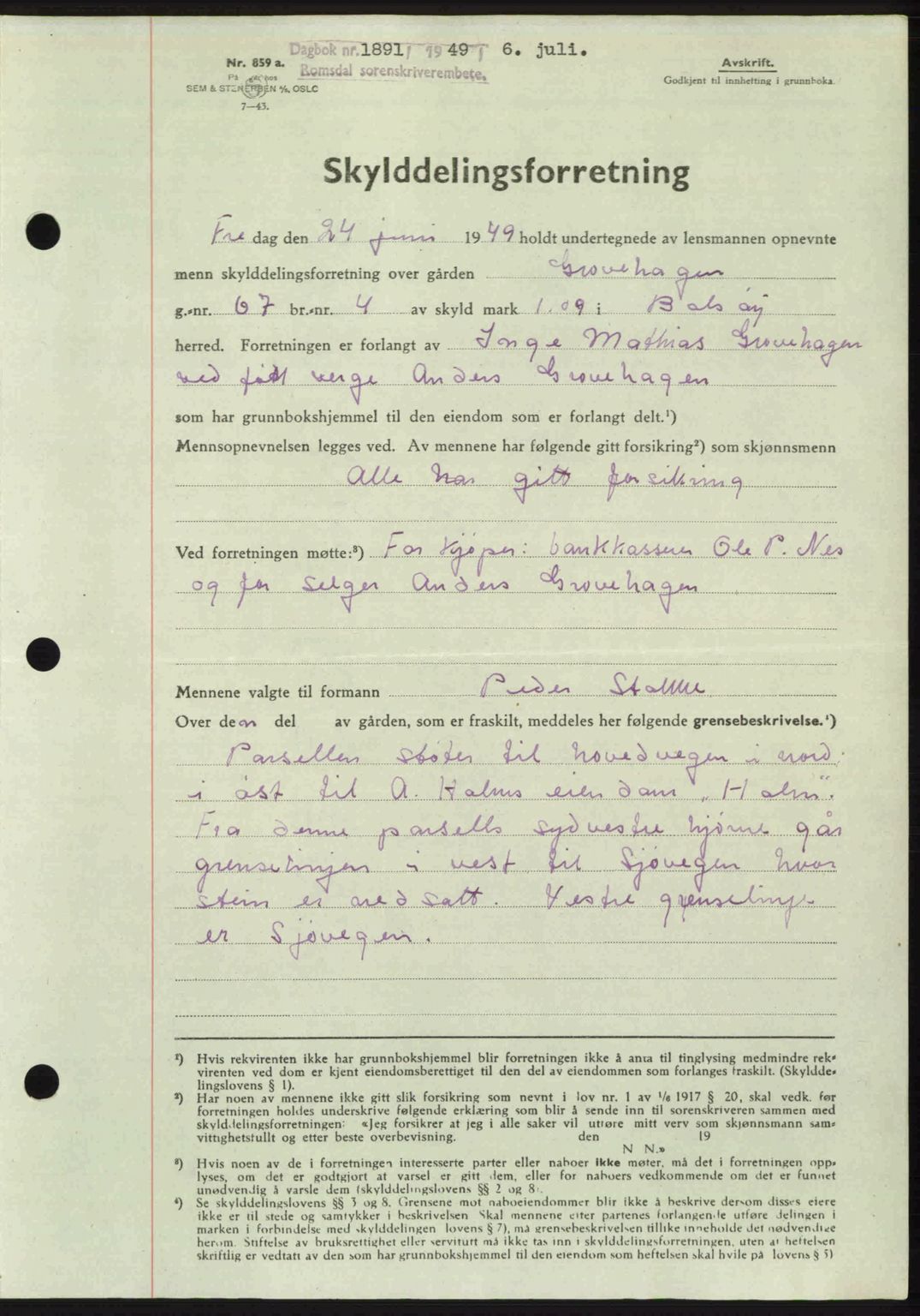 Romsdal sorenskriveri, AV/SAT-A-4149/1/2/2C: Mortgage book no. A30, 1949-1949, Diary no: : 1891/1949