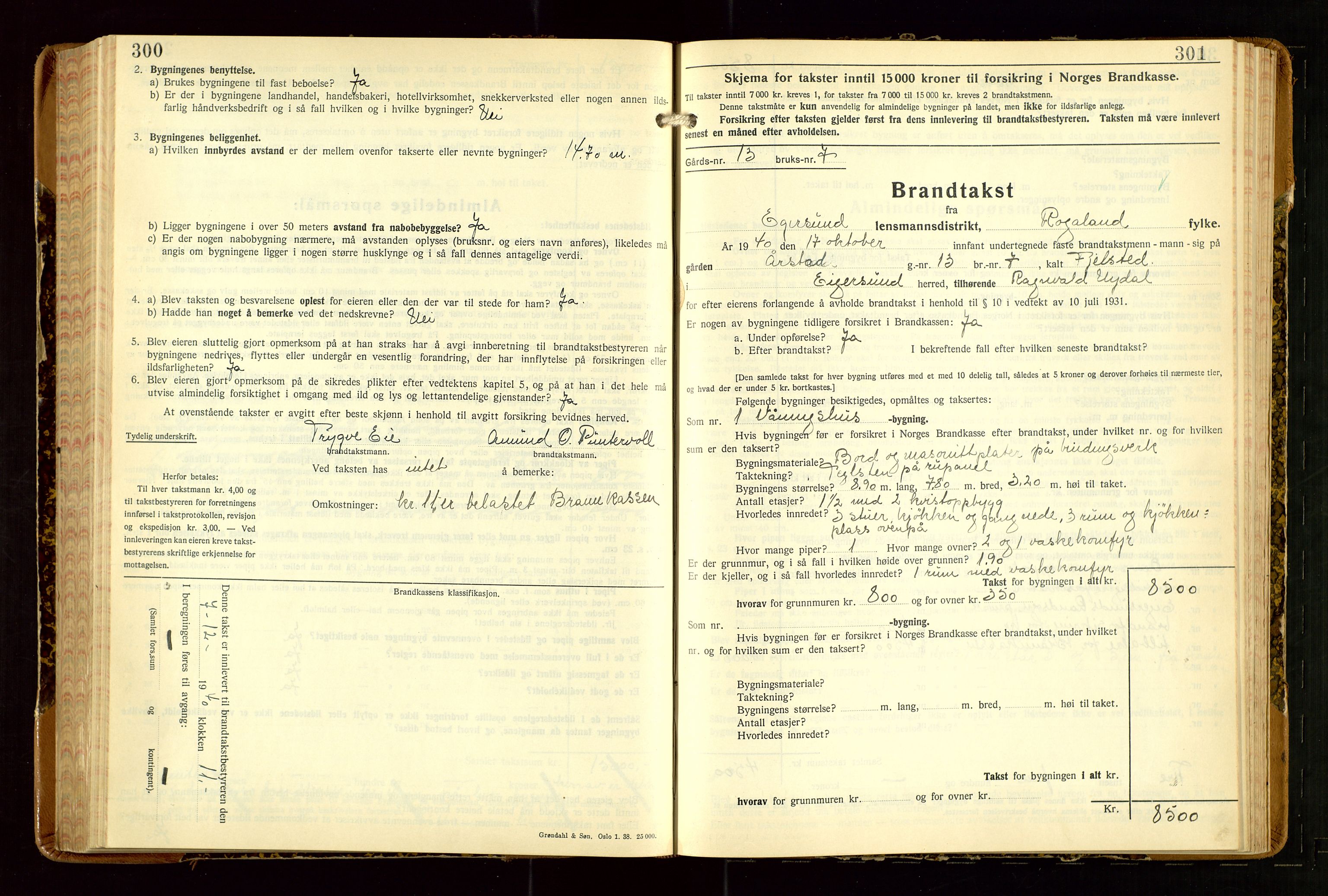 Eigersund lensmannskontor, AV/SAST-A-100171/Gob/L0007: "Brandtakstprotokoll", 1938-1955, p. 300-301