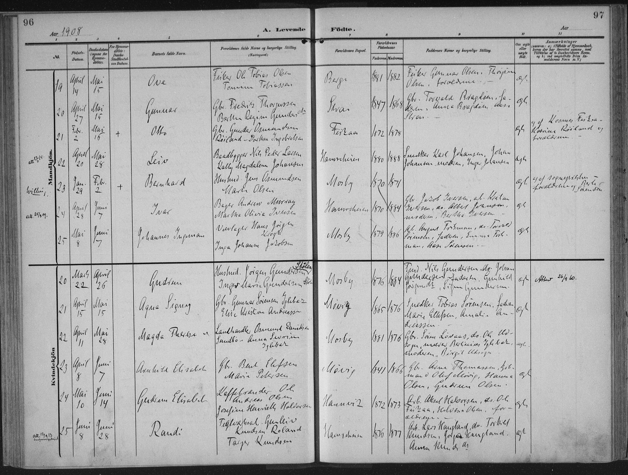 Oddernes sokneprestkontor, AV/SAK-1111-0033/F/Fa/Faa/L0011: Parish register (official) no. A 11, 1904-1911, p. 96-97