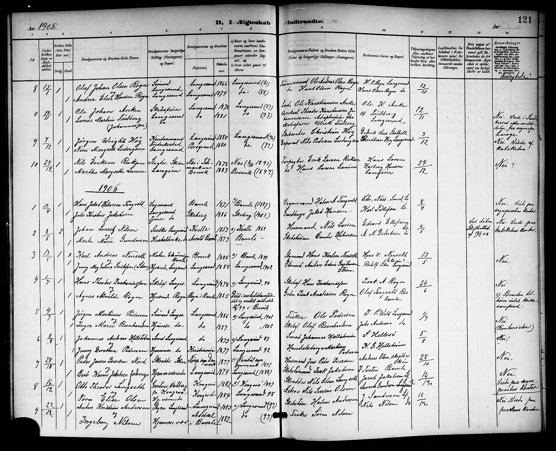 Langesund kirkebøker, SAKO/A-280/G/Ga/L0006: Parish register (copy) no. 6, 1899-1918, p. 121