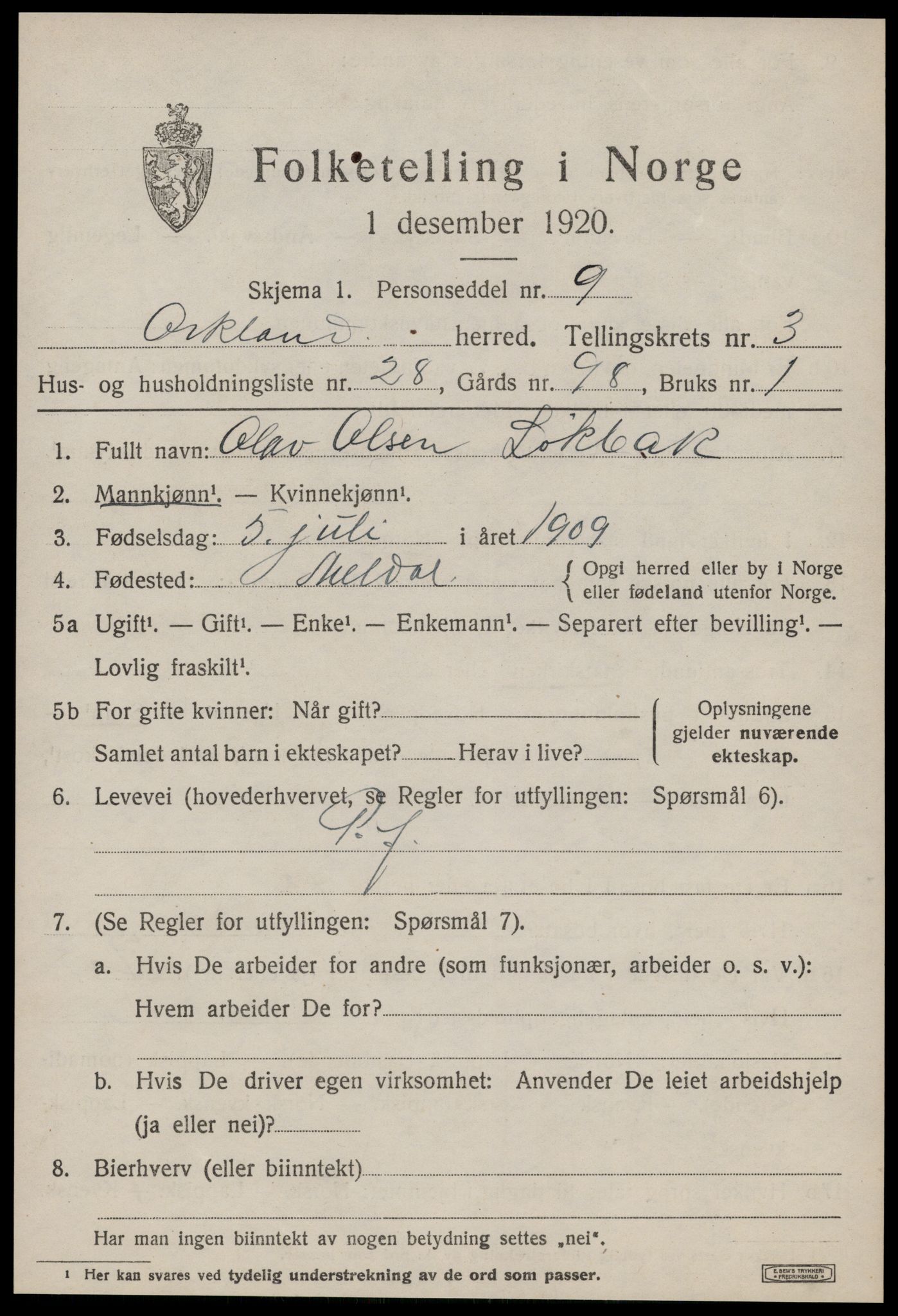 SAT, 1920 census for Orkland, 1920, p. 2968