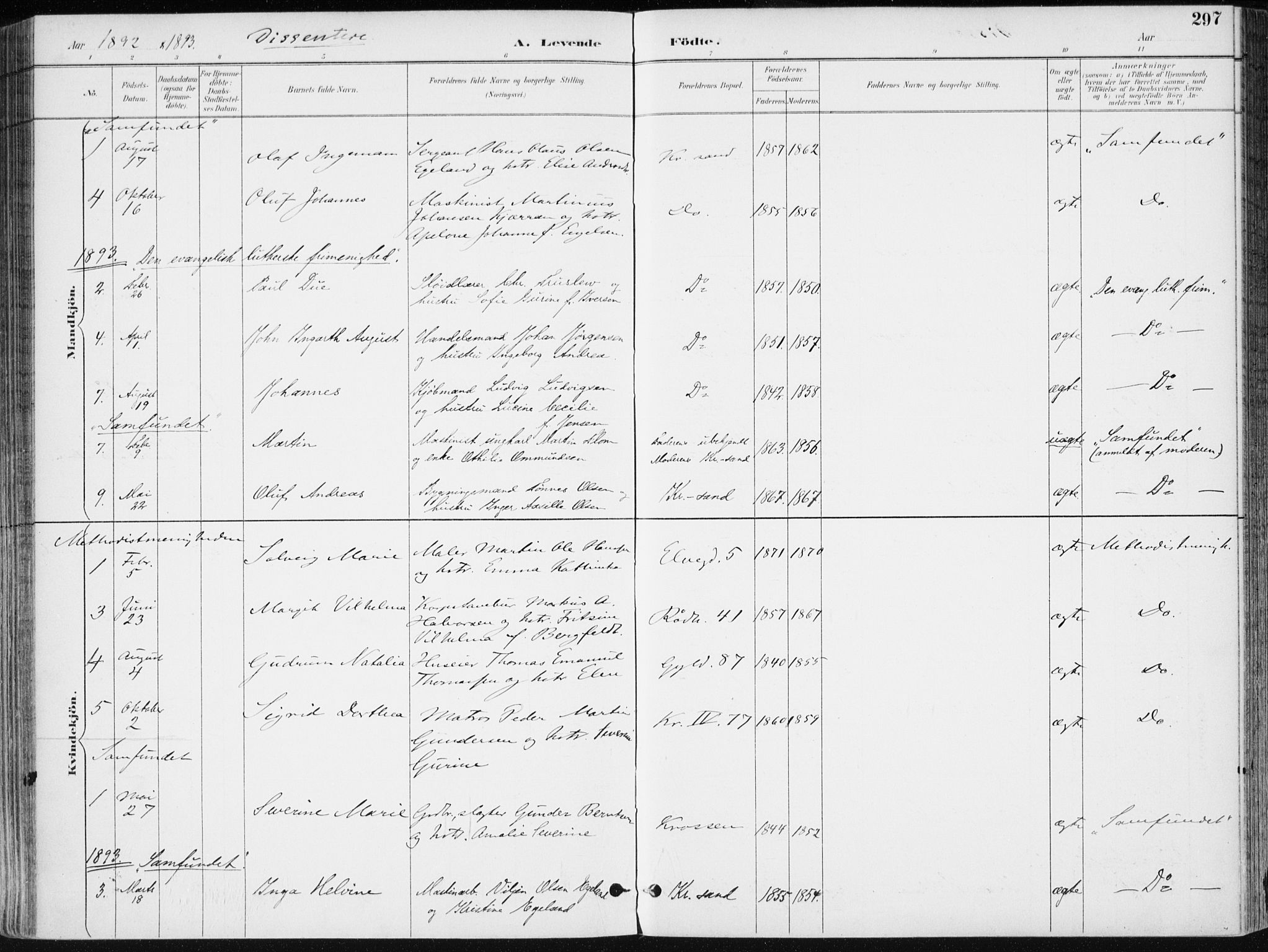 Kristiansand domprosti, AV/SAK-1112-0006/F/Fa/L0019: Parish register (official) no. A 18, 1890-1897, p. 297