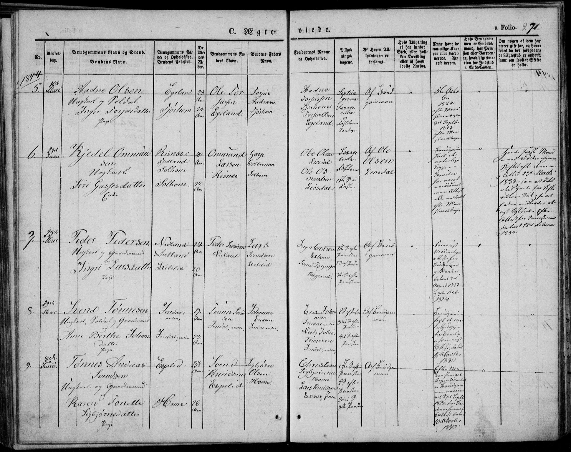 Bakke sokneprestkontor, AV/SAK-1111-0002/F/Fa/Faa/L0004: Parish register (official) no. A 4, 1834-1846, p. 271