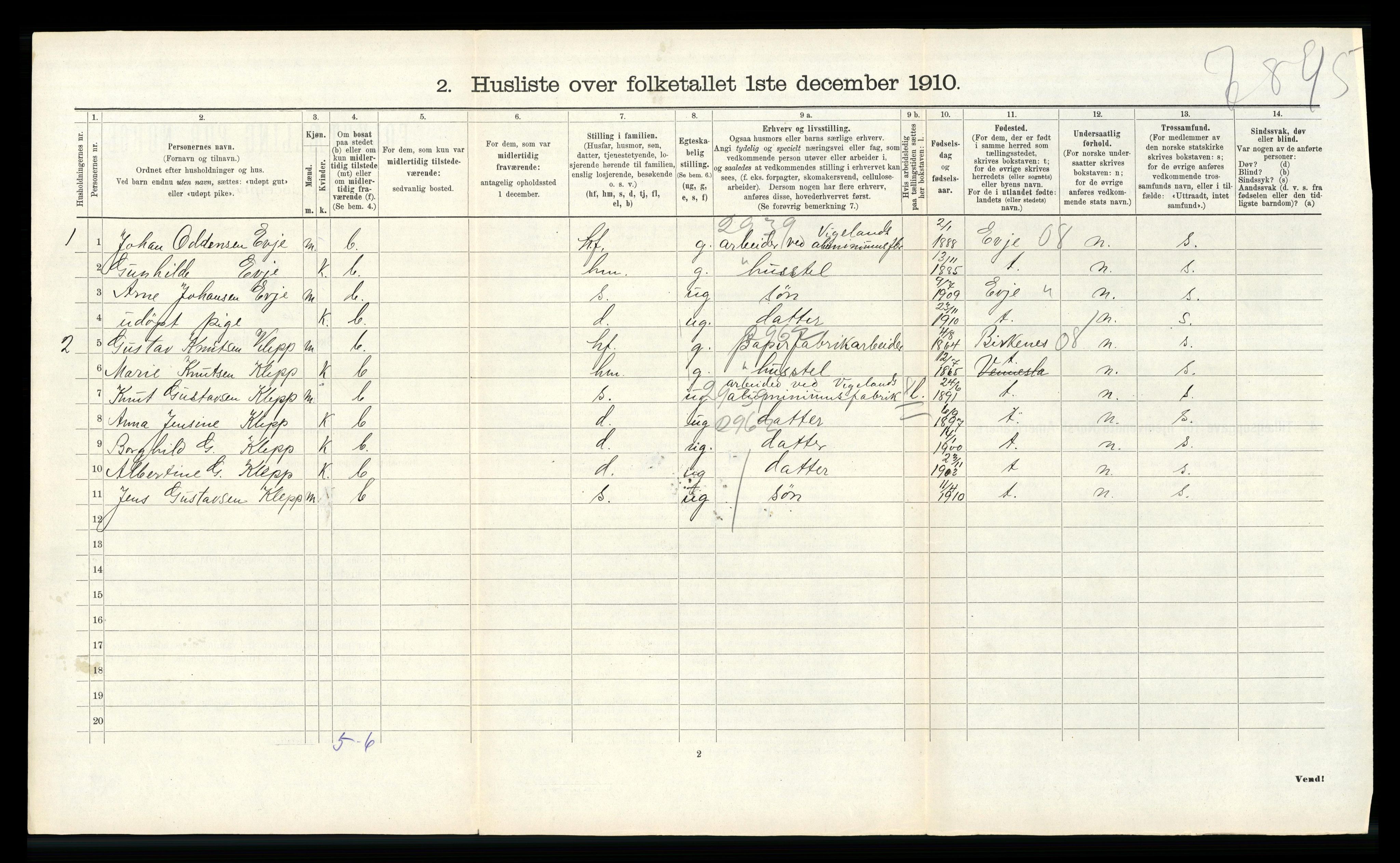 RA, 1910 census for Vennesla, 1910, p. 315