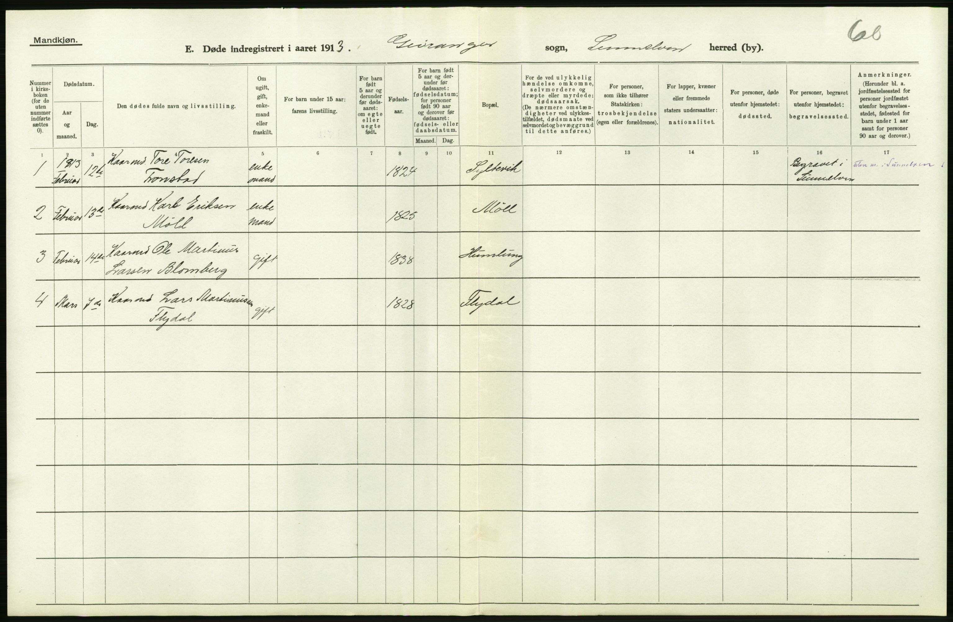 Statistisk sentralbyrå, Sosiodemografiske emner, Befolkning, AV/RA-S-2228/D/Df/Dfb/Dfbc/L0037: Romsdals amt: Døde. Bygder og byer., 1913, p. 22