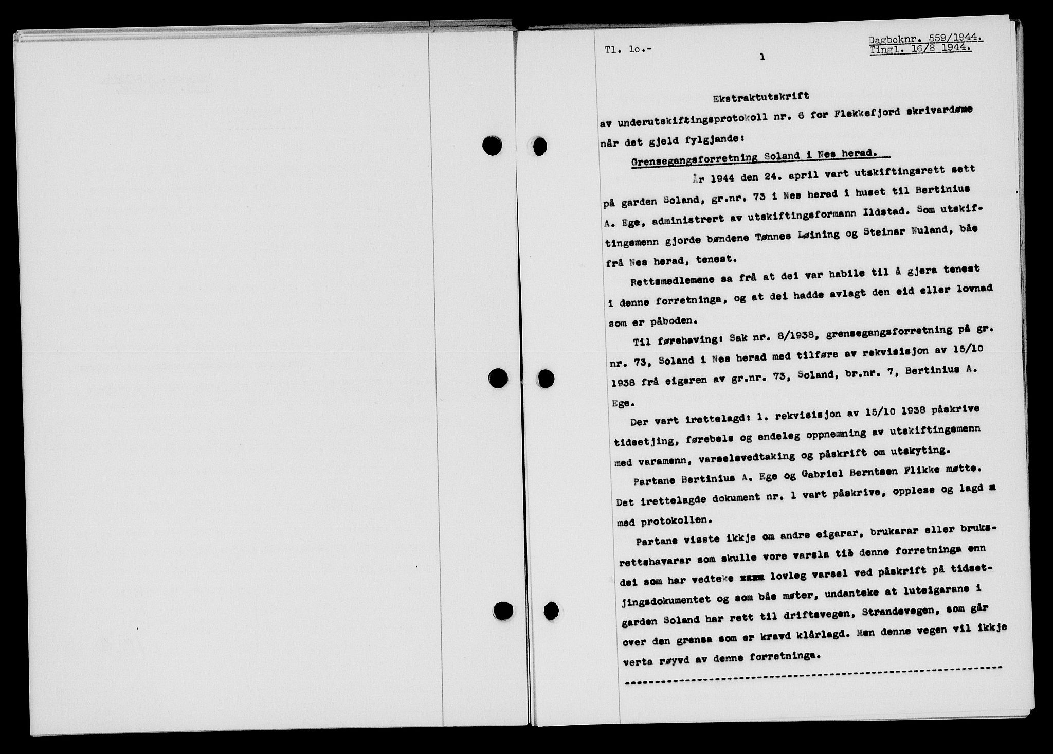 Flekkefjord sorenskriveri, SAK/1221-0001/G/Gb/Gba/L0059: Mortgage book no. A-7, 1944-1945, Diary no: : 559/1944