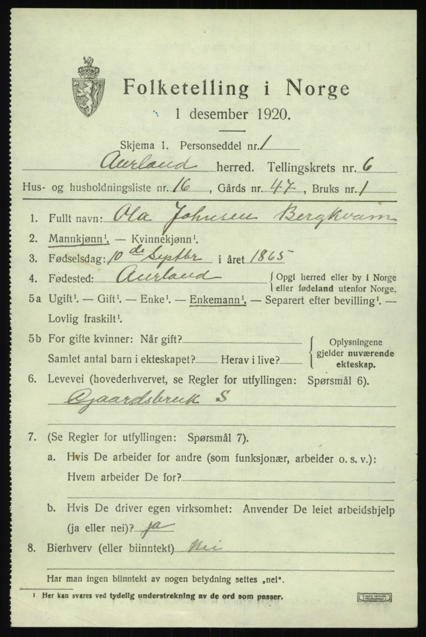 SAB, 1920 census for Aurland, 1920, p. 4062