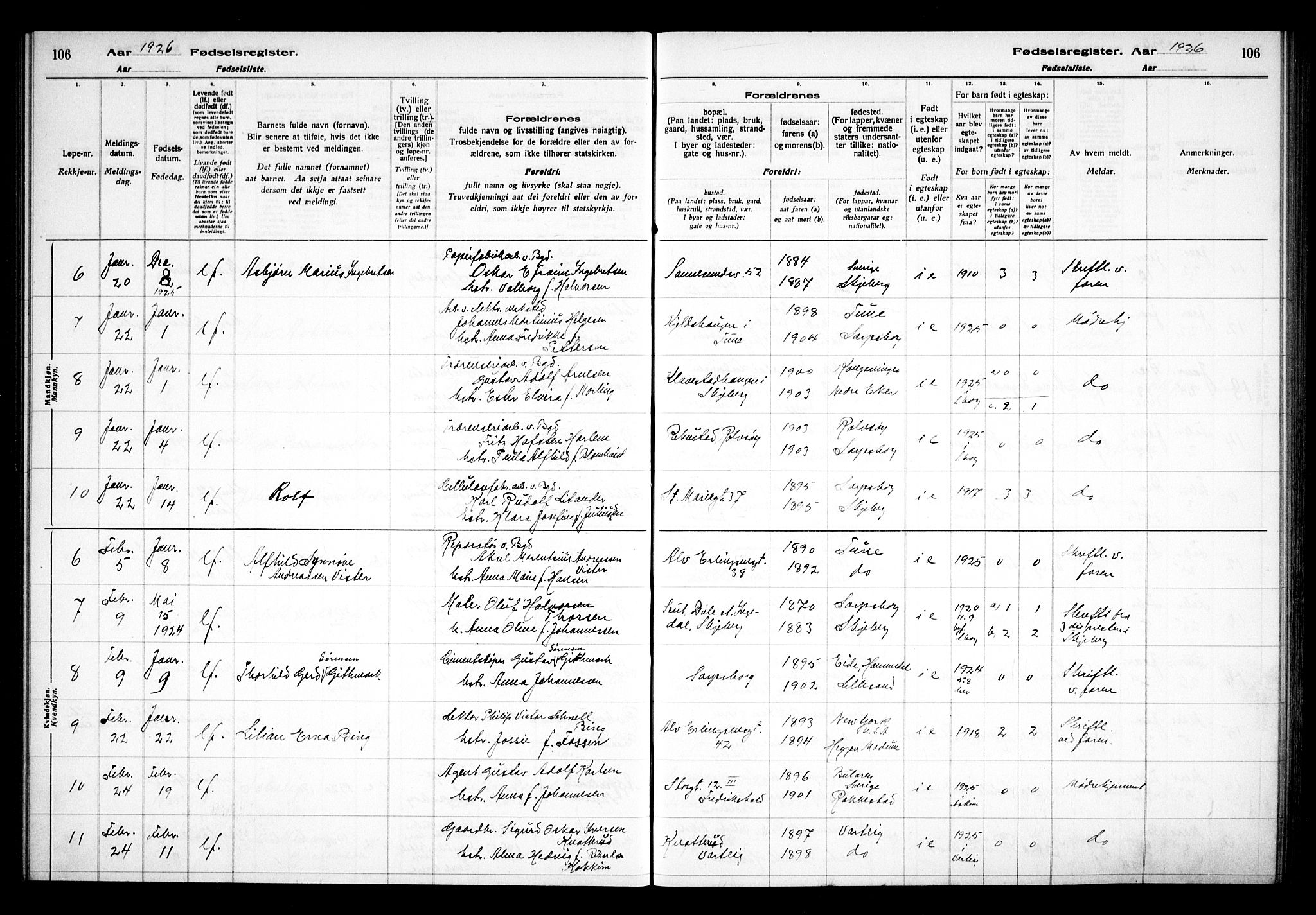 Sarpsborg prestekontor Kirkebøker, AV/SAO-A-2006/J/Ja/L0002: Birth register no. 2, 1922-1928, p. 106