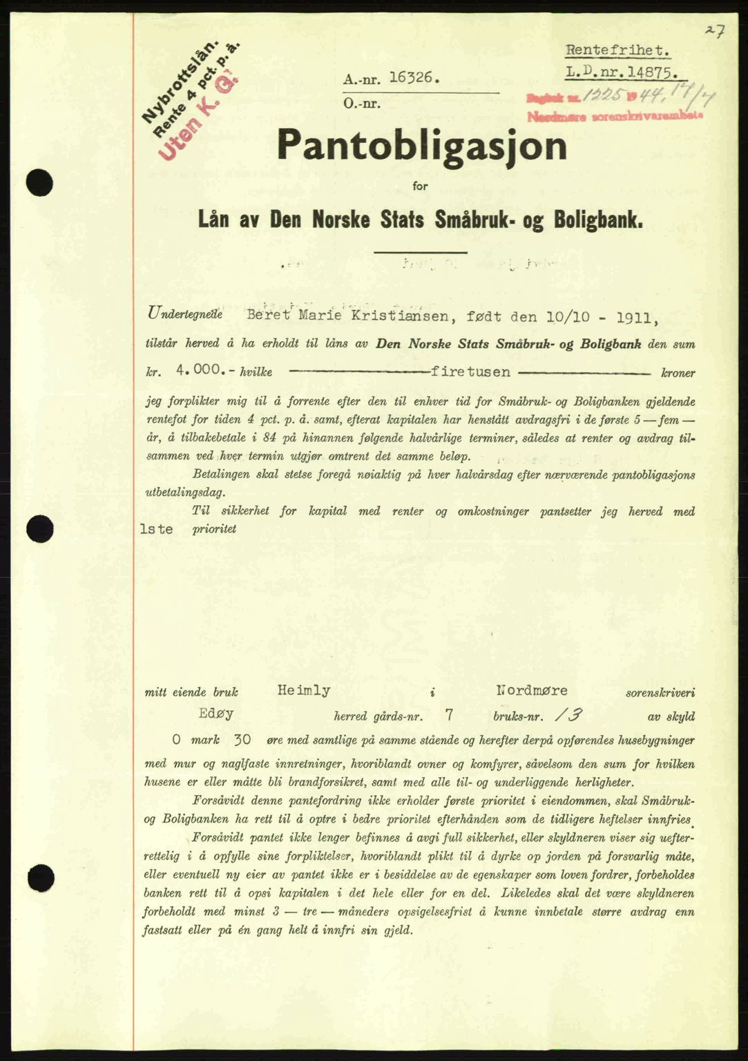 Nordmøre sorenskriveri, AV/SAT-A-4132/1/2/2Ca: Mortgage book no. B92, 1944-1945, Diary no: : 1225/1944