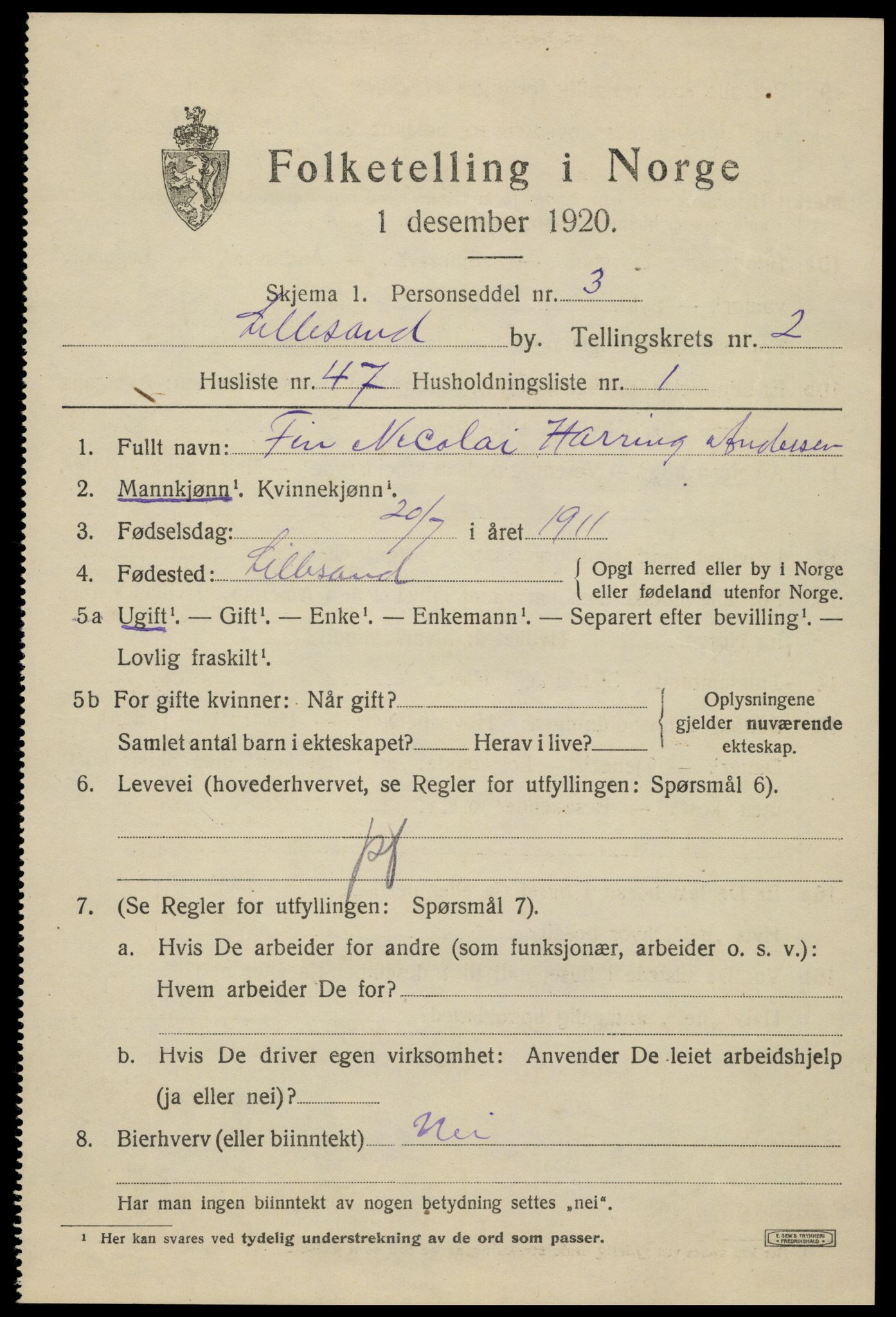 SAK, 1920 census for Lillesand, 1920, p. 2897